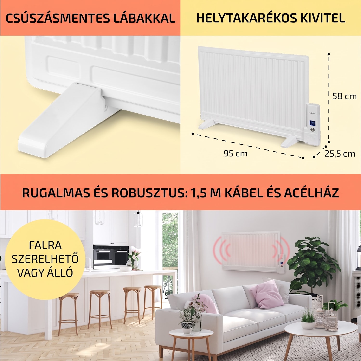 Wallander, olajradiátor, 800 W, termosztát, olajfűtés, ultra lapos design, fehér 800 W | Fehér