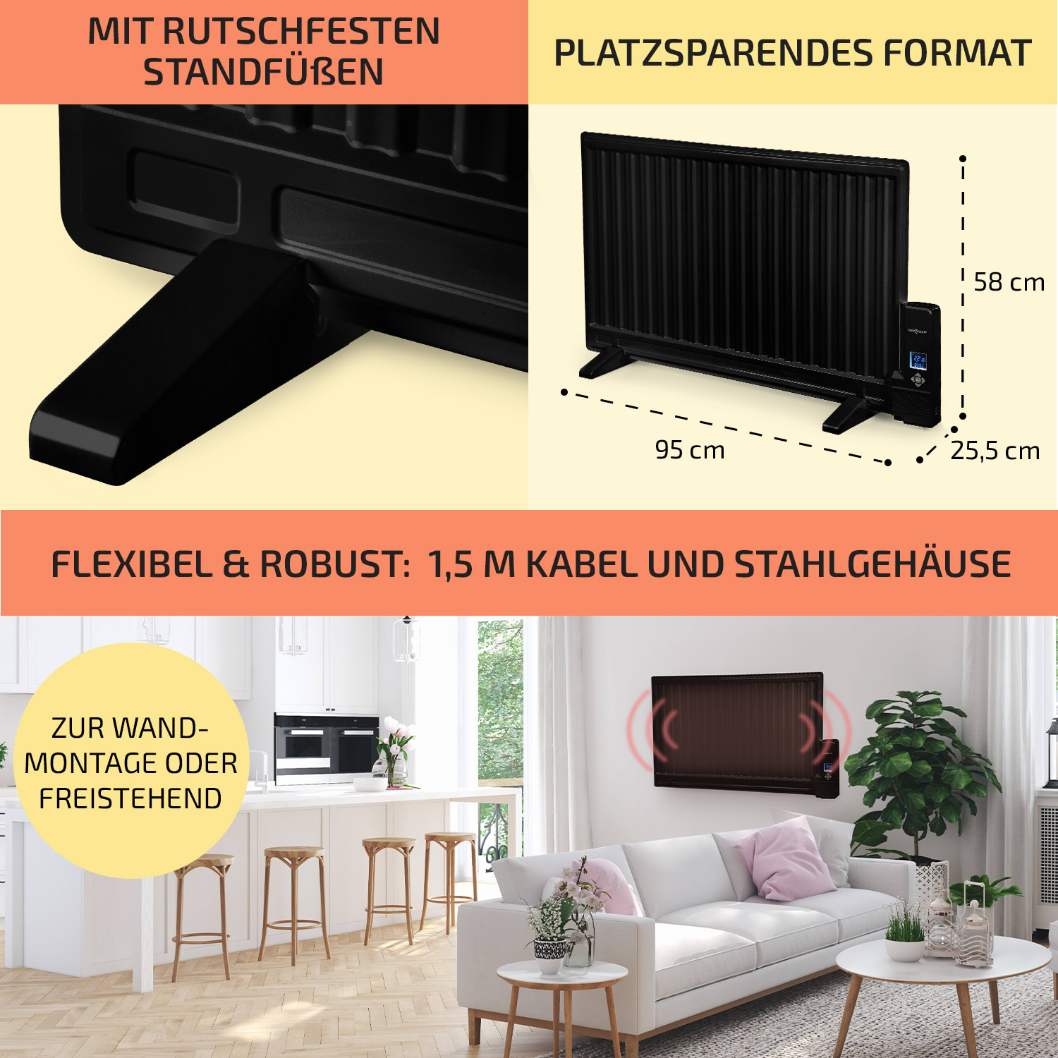 Wallander Ölradiator 800W Thermostat Ölheizung ultraflach schwarz 800 W | Schwarz