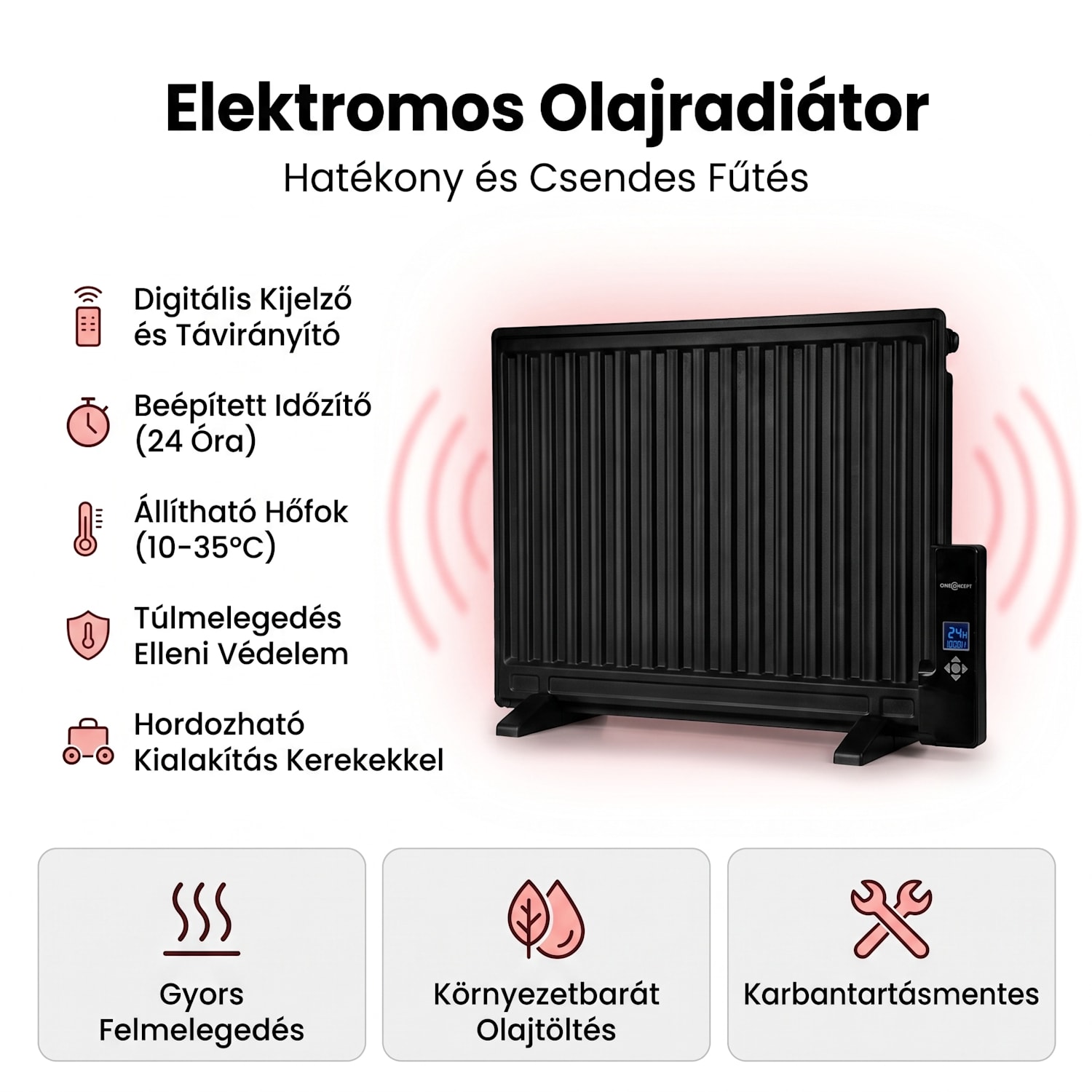 Wallander, olajradiátor, 800 W, termosztát, olajfűtés, ultra lapos design, fekete 800 W | Fekete
