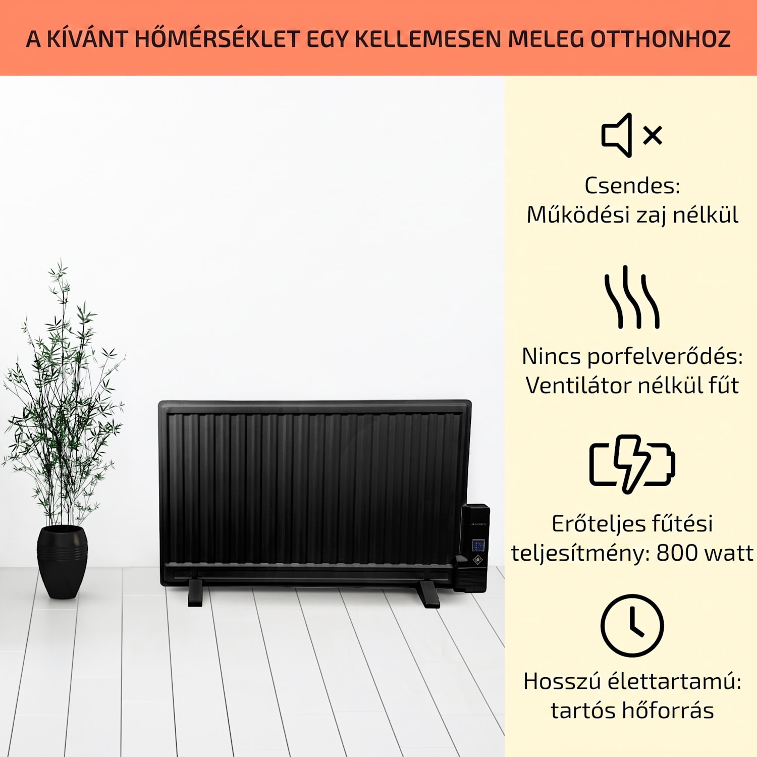 Wallander, olajradiátor, 800 W, termosztát, olajfűtés, ultra lapos design, fekete 800 W | Fekete