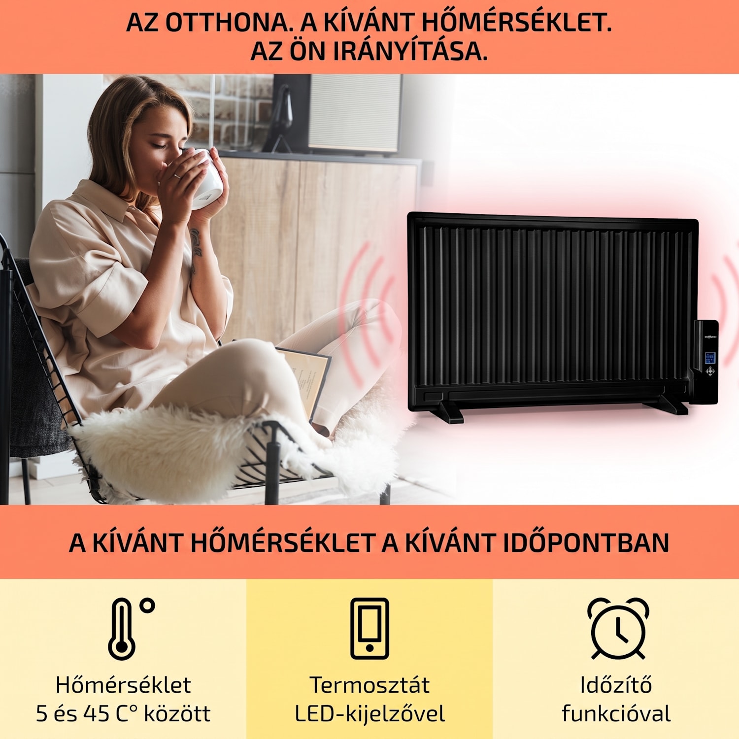 Wallander, olajradiátor, 800 W, termosztát, olajfűtés, ultra lapos design, fekete 800 W | Fekete