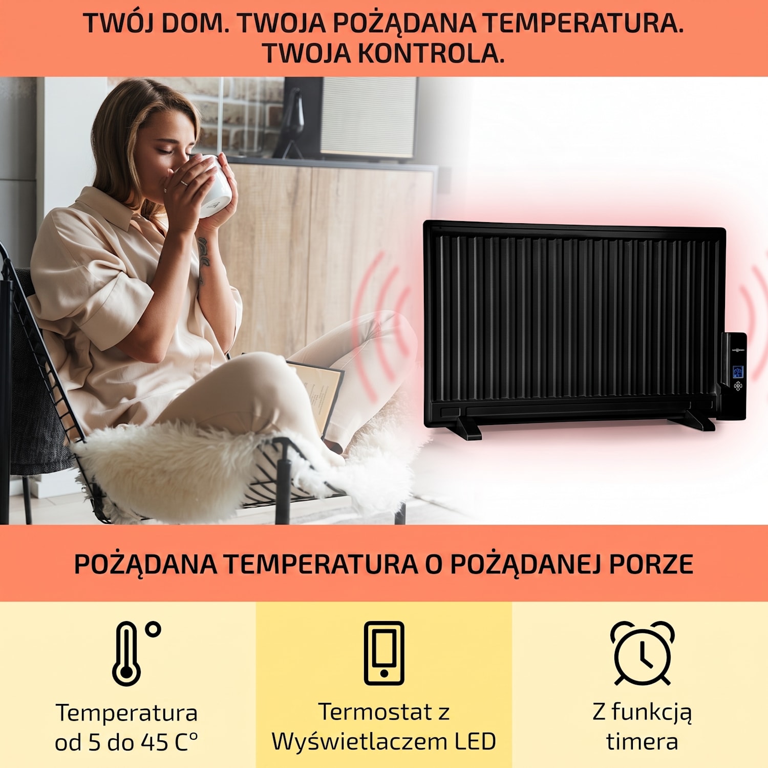 Wallander, grzejnik olejowy, 800 W, termostat, ogrzewanie olejowe, bardzo płaska konstrukcja, kolor czarny 800 W | Czarny
