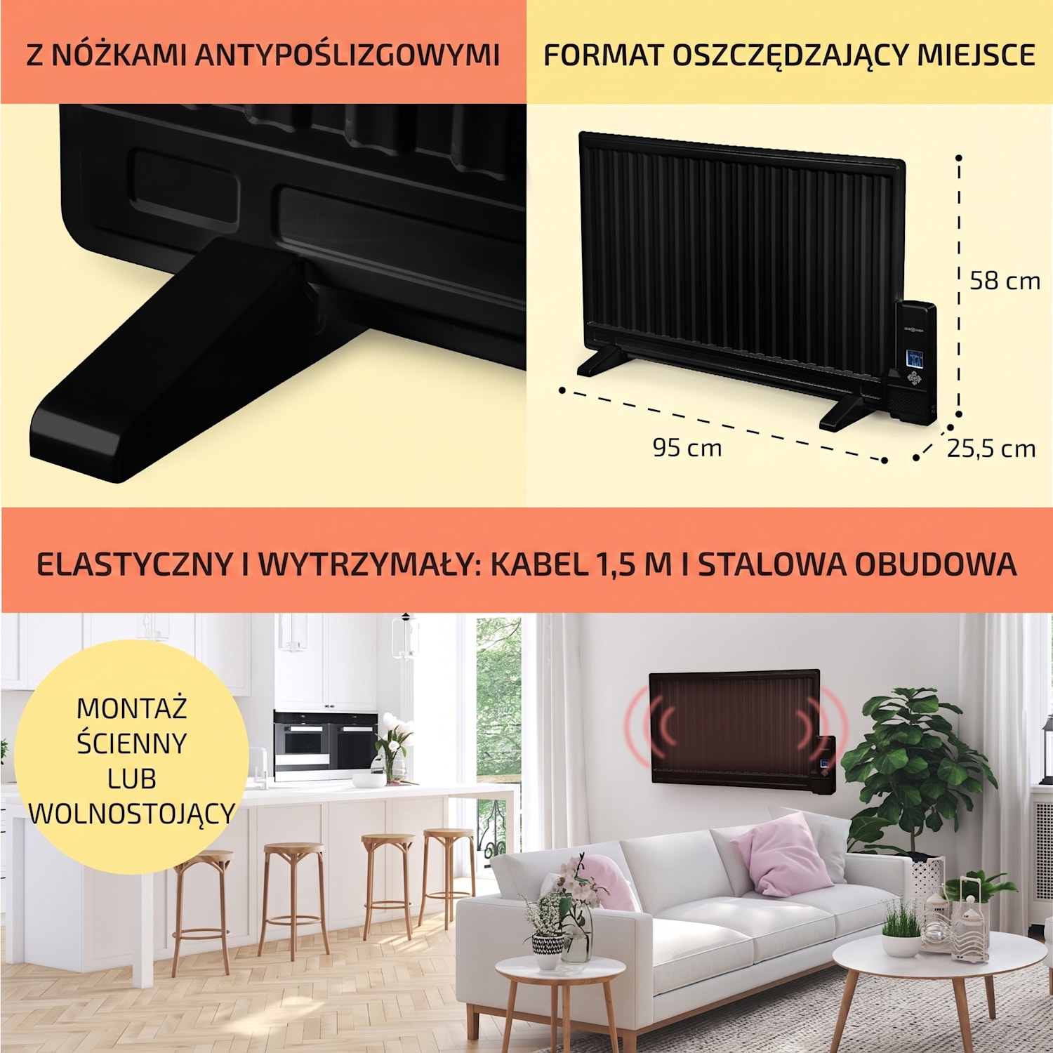 Wallander, grzejnik olejowy, 800 W, termostat, ogrzewanie olejowe, bardzo płaska konstrukcja, kolor czarny 800 W | Czarny