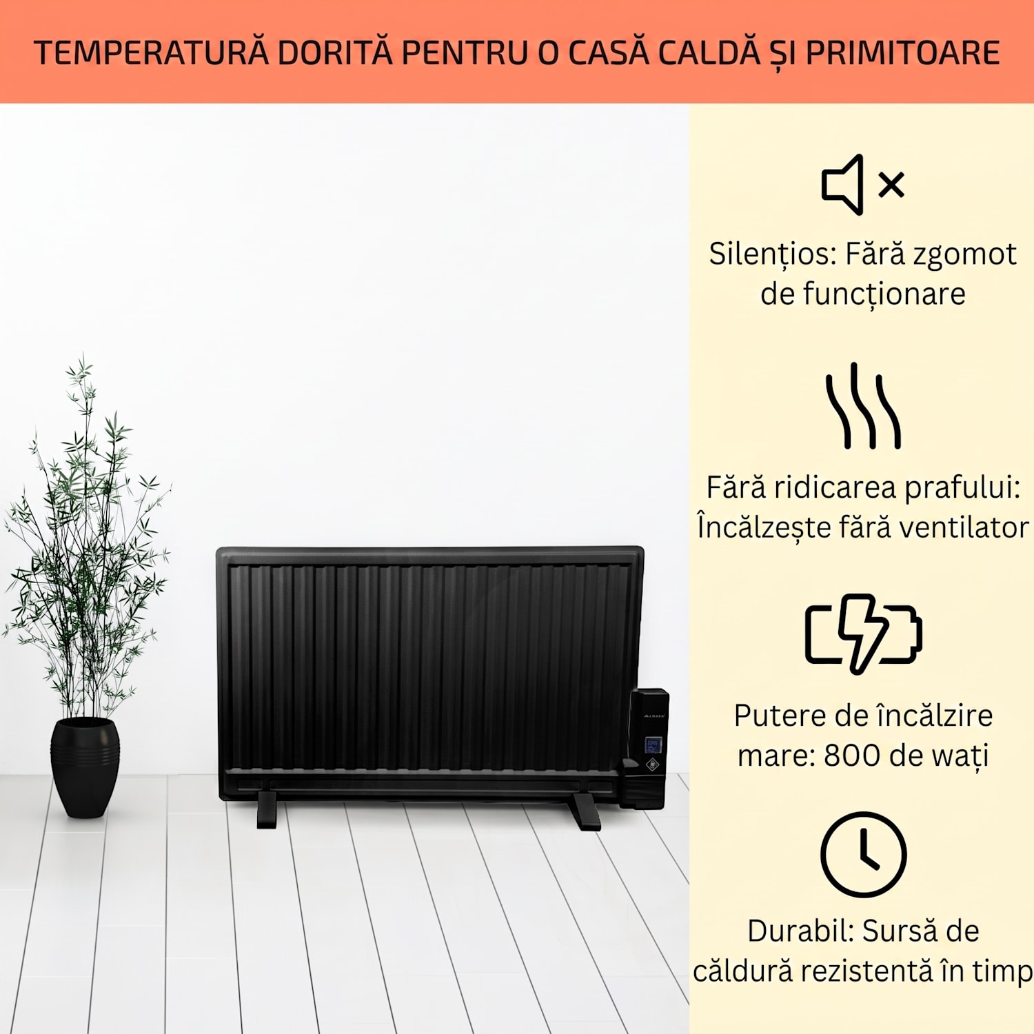 Wallander, radiator pe ulei, 800 W, termostat, încălzitor de ulei, ultra-plat, negru 800 W | Negru
