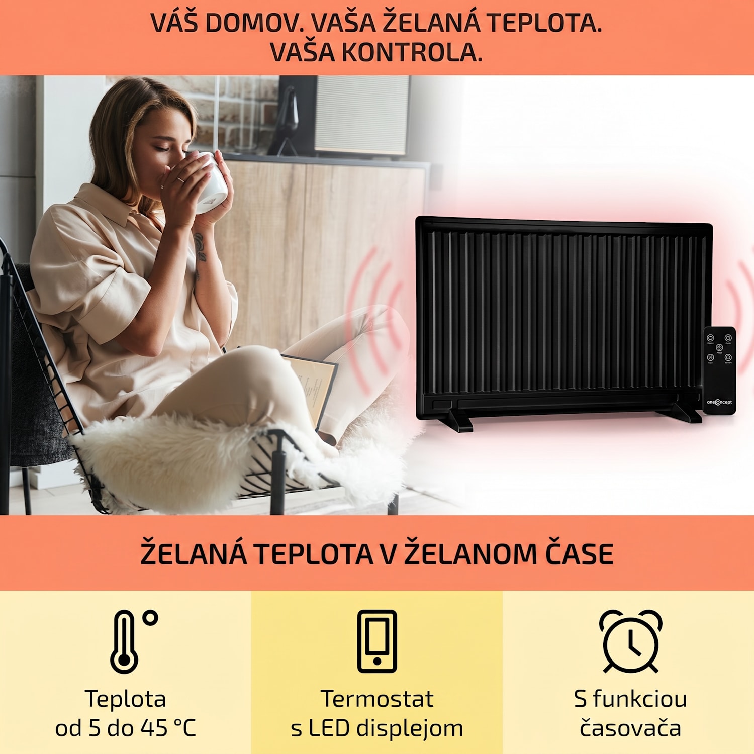 Wallander, olejový radiátor, 800 W, termostat, olejové vyhrievanie, ultra plochý dizajn, čierny 800 W | Čierna