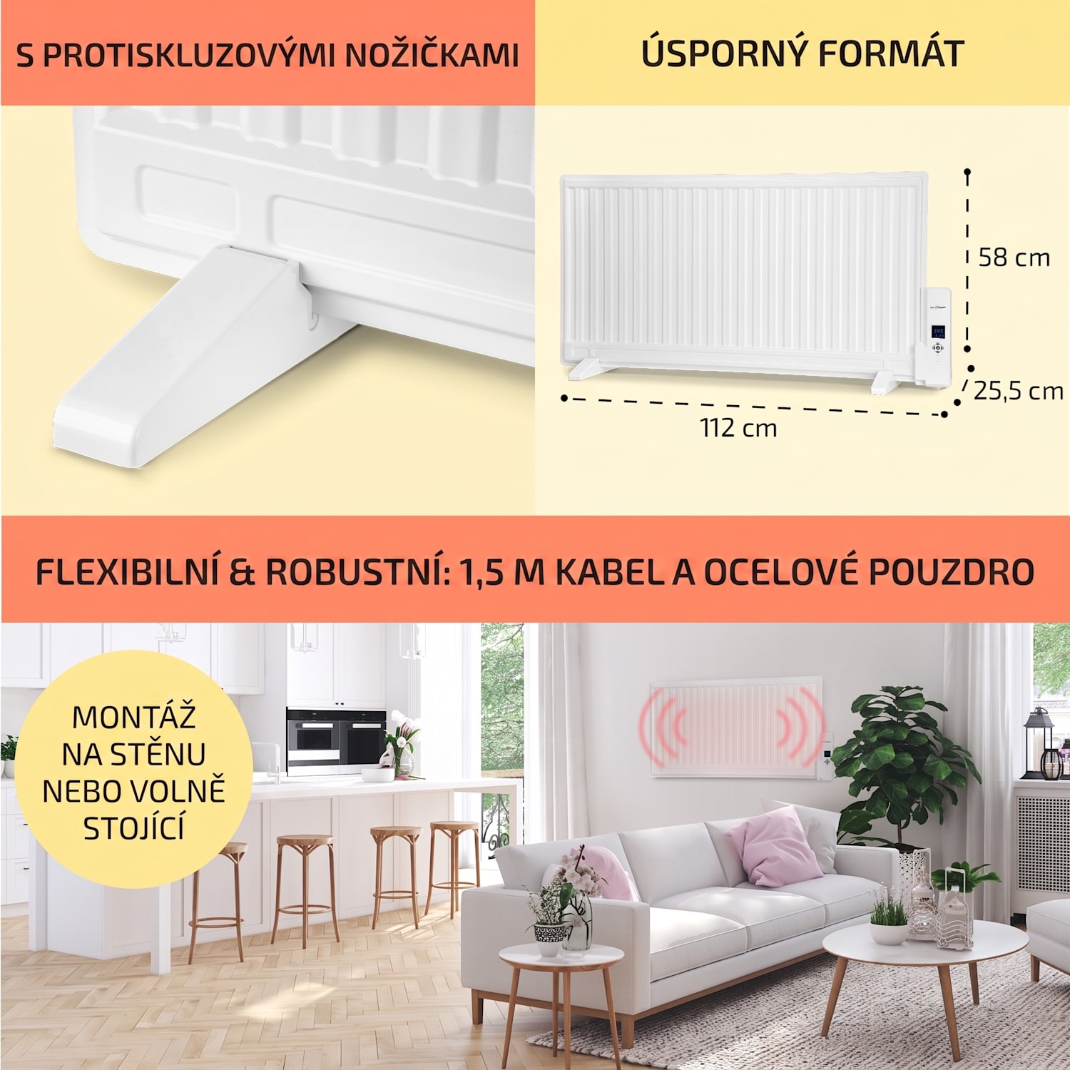 Wallander, olejový radiátor, 1000 W, termostat, olejové vyhřívání, plochý design, bílý 1000 W | Bílá