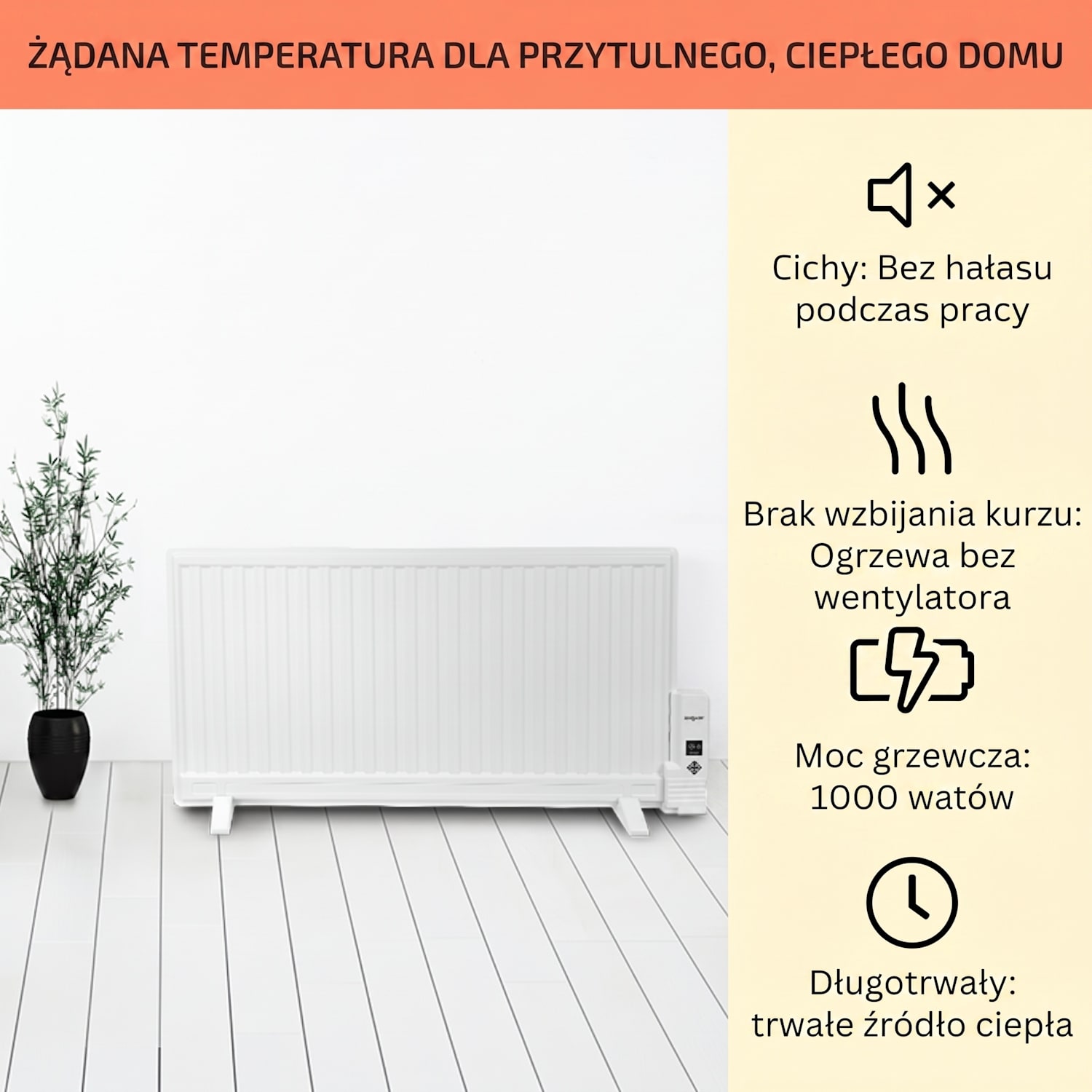 Wallander, grzejnik olejowy, 1000 W, termostat, ogrzewanie olejowe, płaska konstrukcja, kolor biały 1000 W | Biały