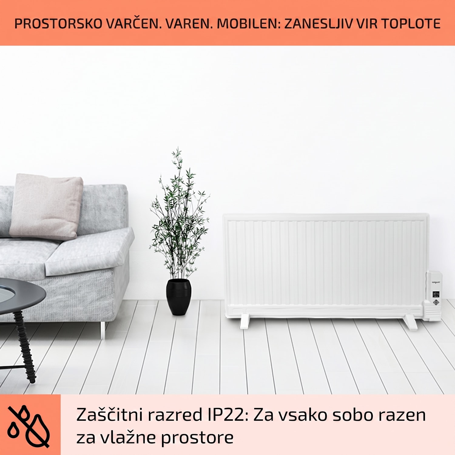 Wallander, oljni radiator, 1000W, termostat, ogrevanje na olje, ploska izvedba, bela 1000 W | Bela