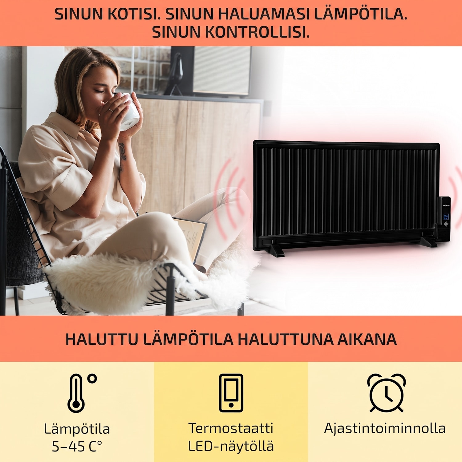 Wallander öljylämmitin 1000 W termostaatti erittäin litteä musta 1000 W | Musta