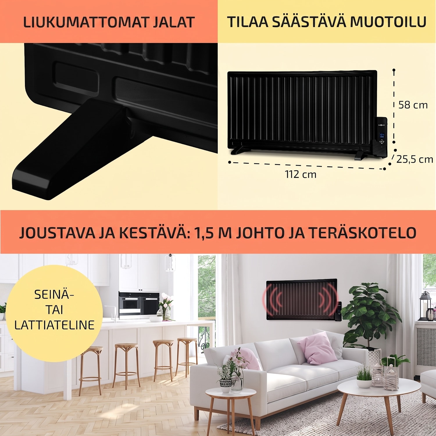 Wallander öljylämmitin 1000 W termostaatti erittäin litteä musta 1000 W | Musta