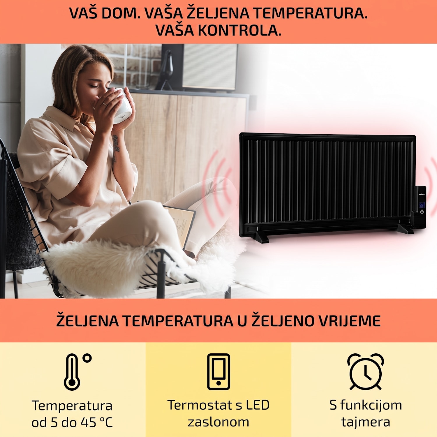 Wallander, uljni radijator, 1000 W, termostat, grijanje na ulje, ultra ravan dizajn, crna 1000 W | Crna