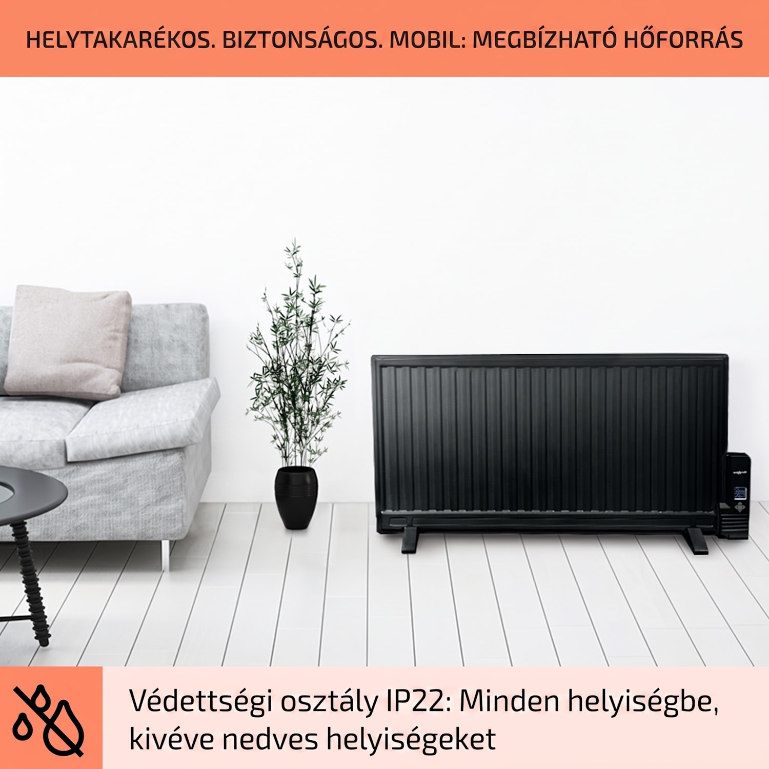 Wallander, olajradiátor, 1000 W, termosztát, olajfűtés, lapos design, fekete 1000 W | Fekete