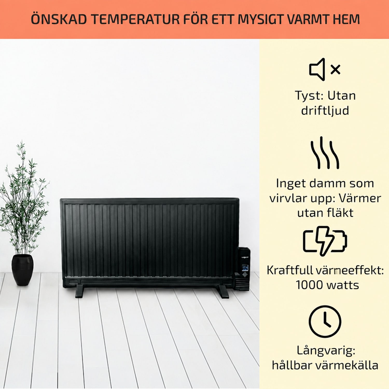 Wallander oljeradiator 1 000 W termostat oljeelement ultraplatt svart 1000 W | Svart