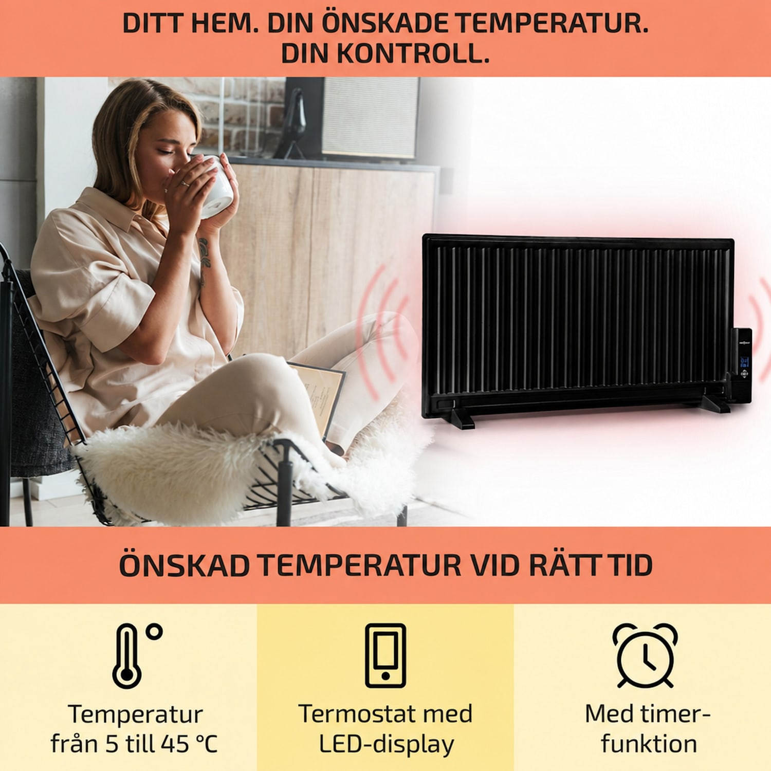 Wallander oljeradiator 1 000 W termostat oljeelement ultraplatt svart 1000 W | Svart