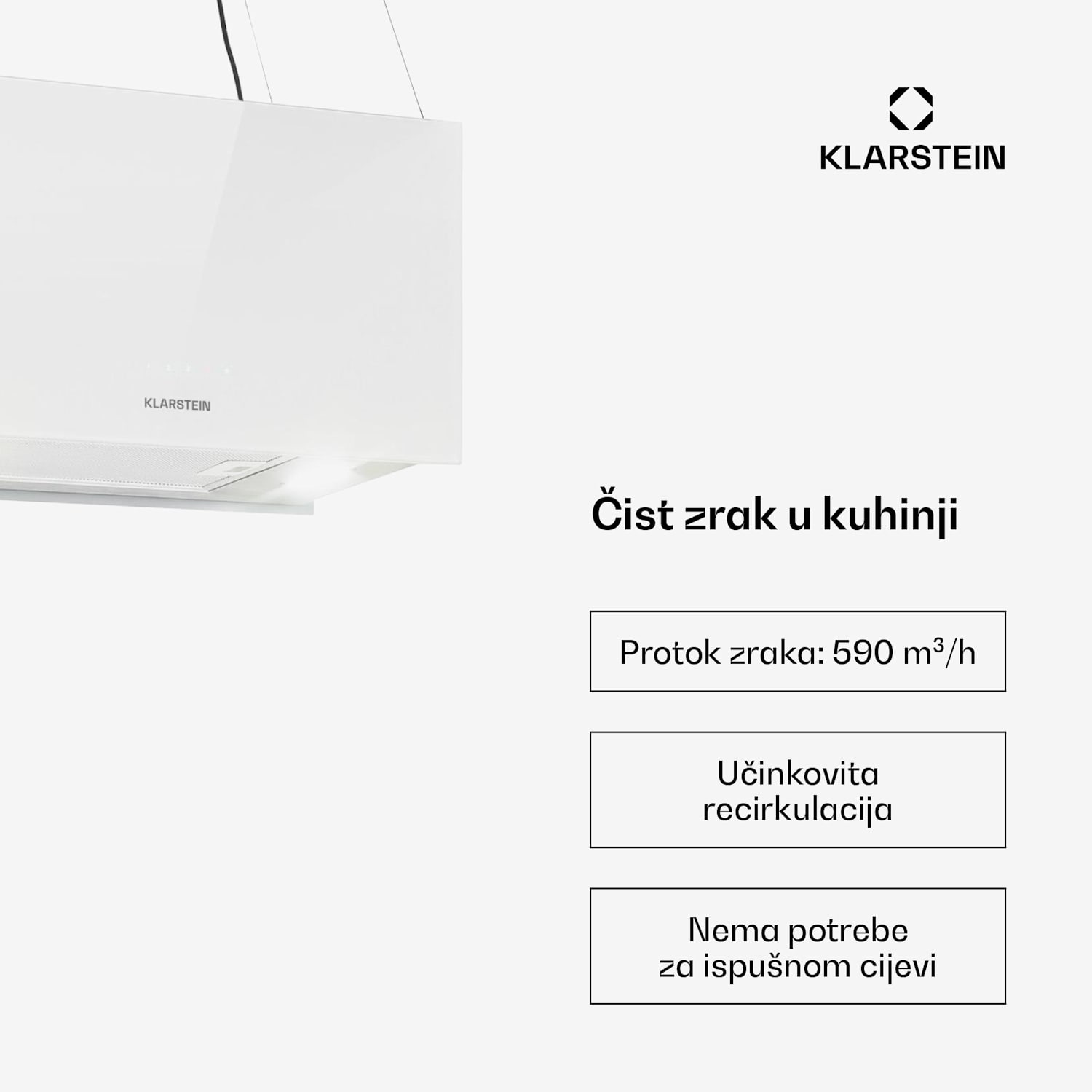 Kronleuchter L, stropna otočna kuhinjska napa, 60 cm, snaga recirkulacije 590 m³/h, LED, zaslon osvjetljiv na dodir, bijela Bijela