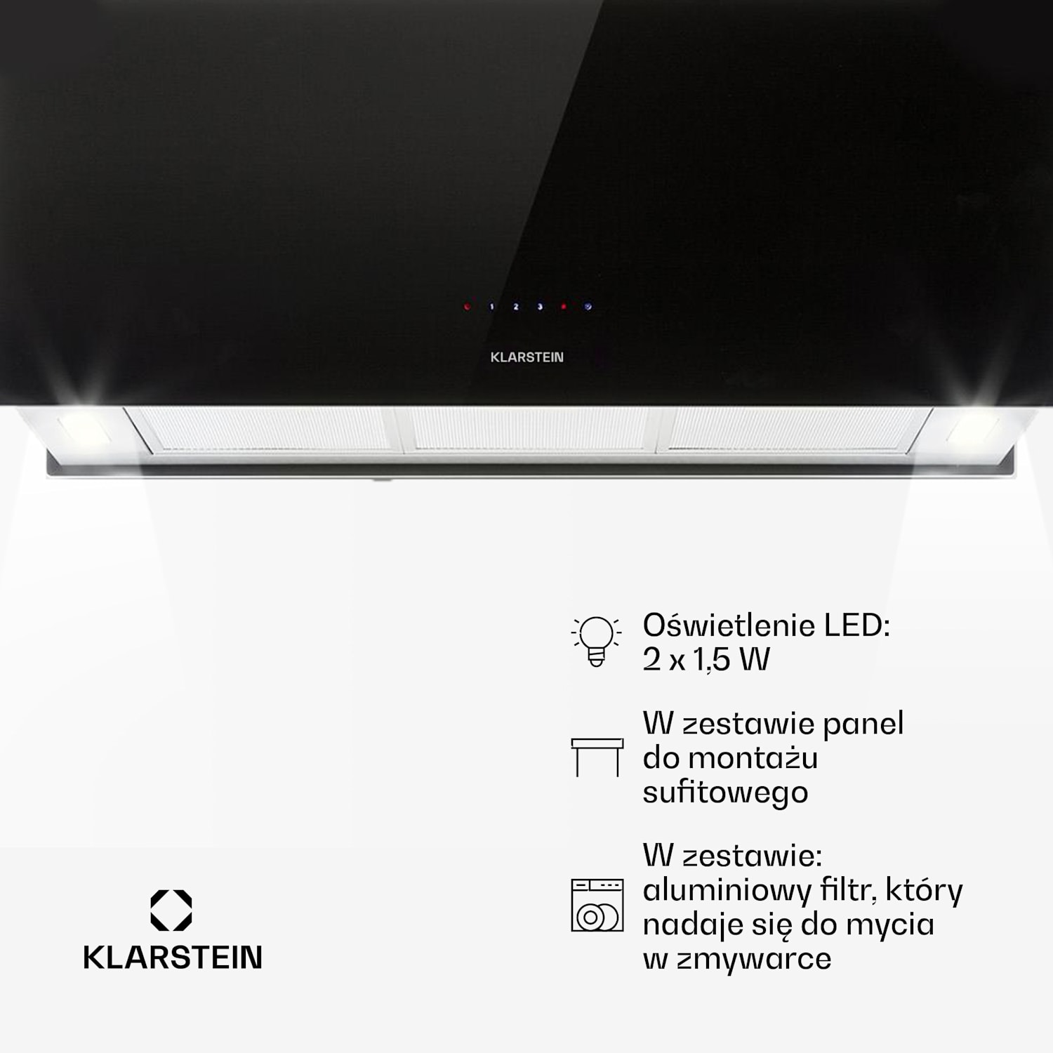 Kronleuchter XL, okap kuchenny wyspowy, 90 cm, 590 m³/h, LED, panel dotykowy, kolor czarny Czarny