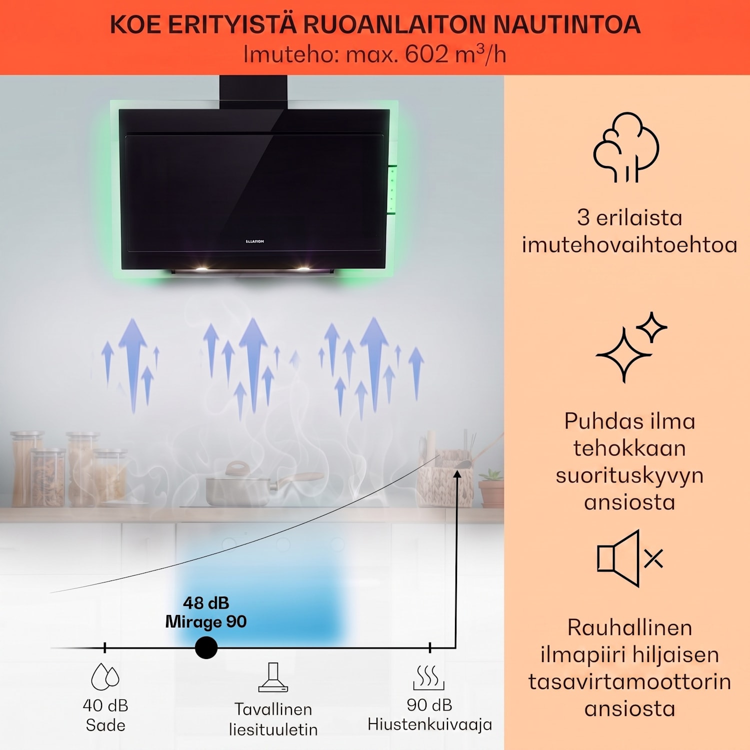Mirage 90 liesituuletin 602 m³/h kosketuspaneeli RGB-tunnelmavalaistus musta 90 cm | Musta