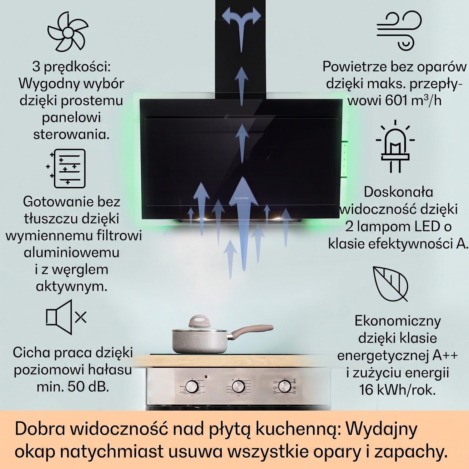 Mirage 90, okap kuchenny, wyciąg/pochłaniacz, 90 cm, 550 m³/h, panel dotykowy, klasa energetyczna A++, kolor czarny 90 cm | Czarny