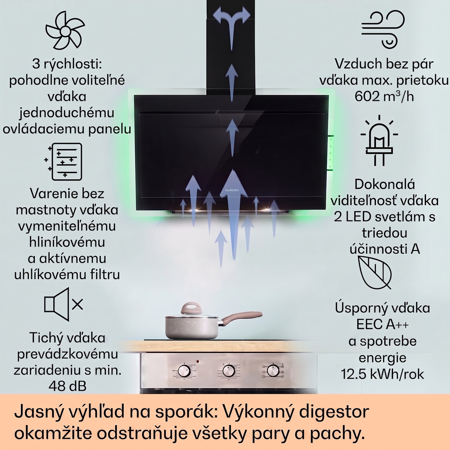 Mirage 90, digestor, 90 cm, nástenný, 602 m³/h, A++, dotykový panel, RGB svetlo, čierny 90 cm | Čierna