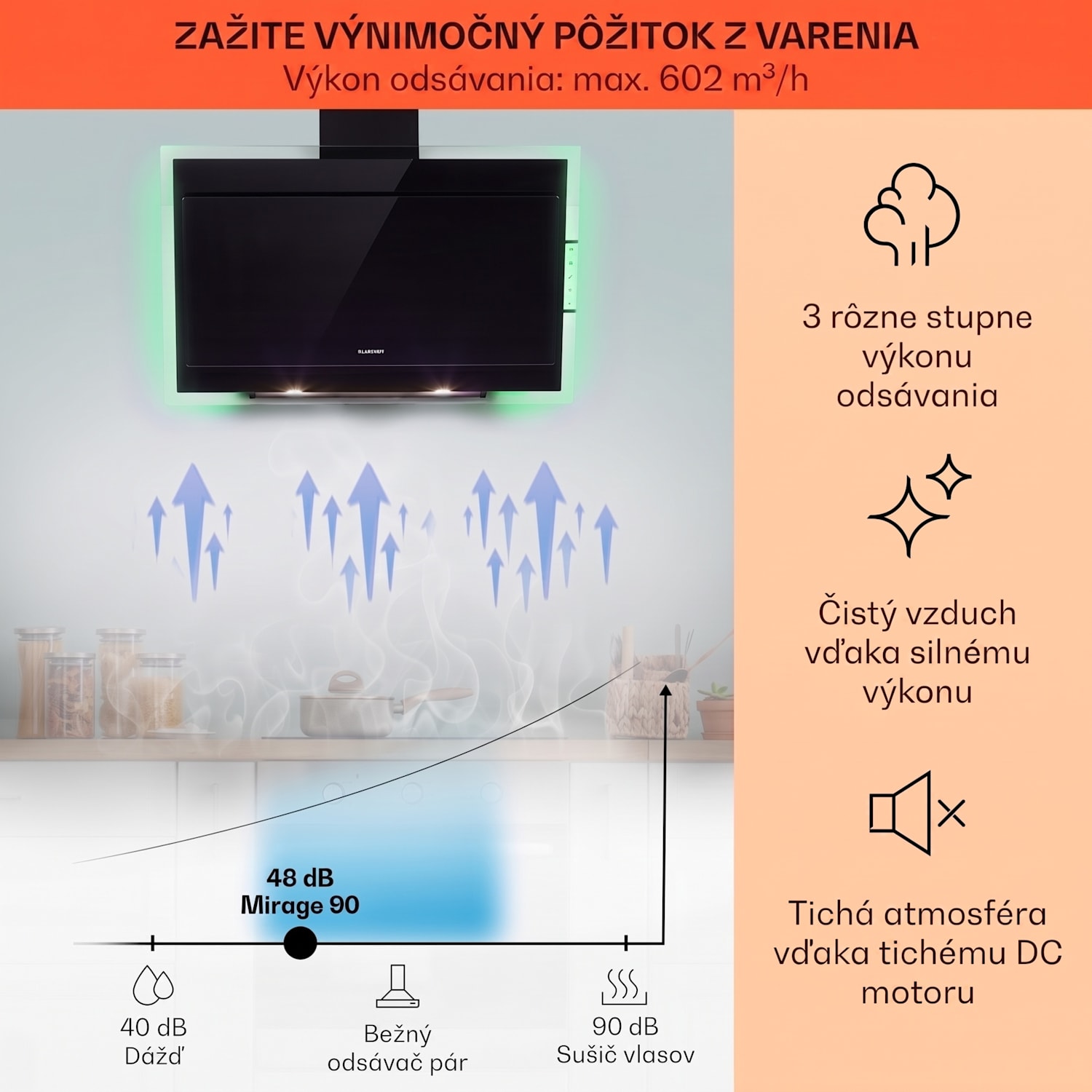 Mirage 90, digestor, 90 cm, nástenný, 602 m³/h, A++, dotykový panel, RGB svetlo, čierny 90 cm | Čierna