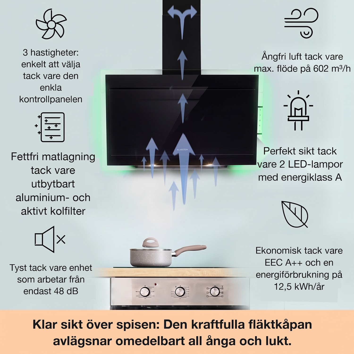 Mirage 90 köksfläkt 550 m³/h touch-panel RGB-ambient-ljus svart 