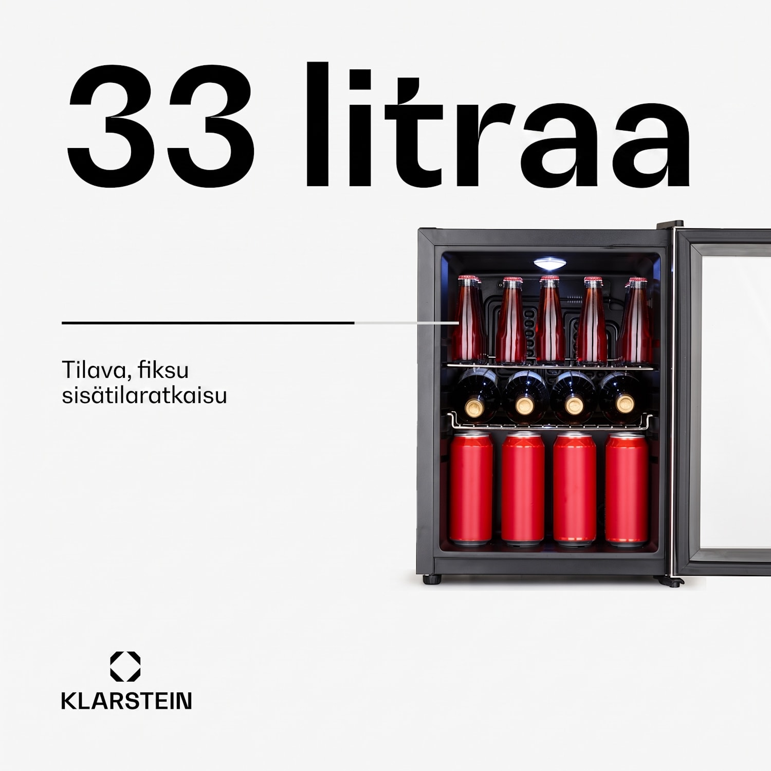 Beersafe M jääkaappi 33 litraa 2 hyllyä panoraamalasiovi ruostumaton teräs 33 L | Musta | Hopea