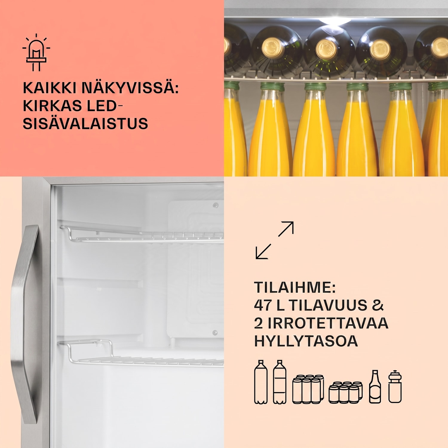 Beersafe L Crystal White jääkaappi 47 litraa 2 hyllyä panoraamalasiovi ruostumaton teräs 47 L | Valkoinen