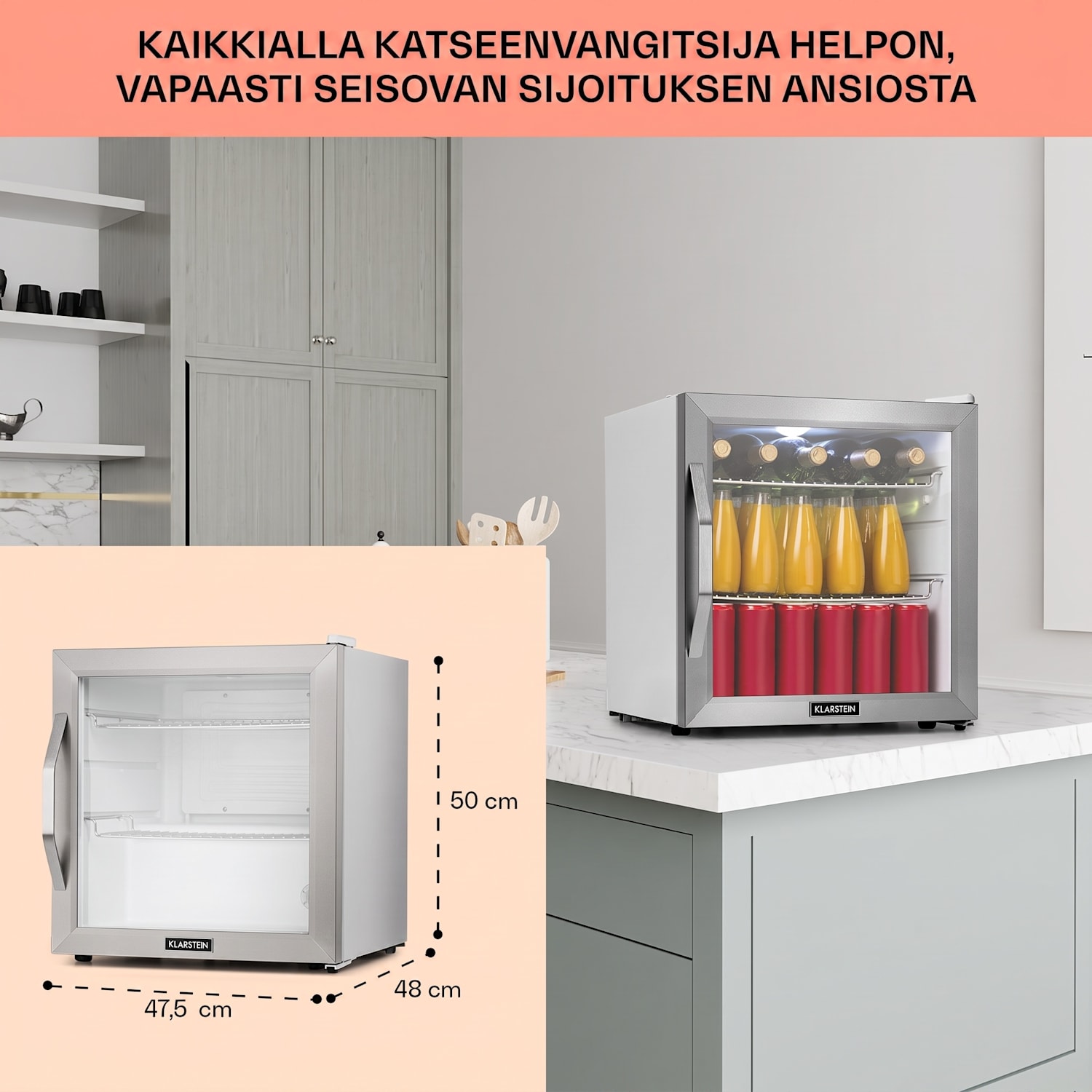 Beersafe L Crystal White jääkaappi 47 litraa 2 hyllyä panoraamalasiovi ruostumaton teräs 47 L | Valkoinen