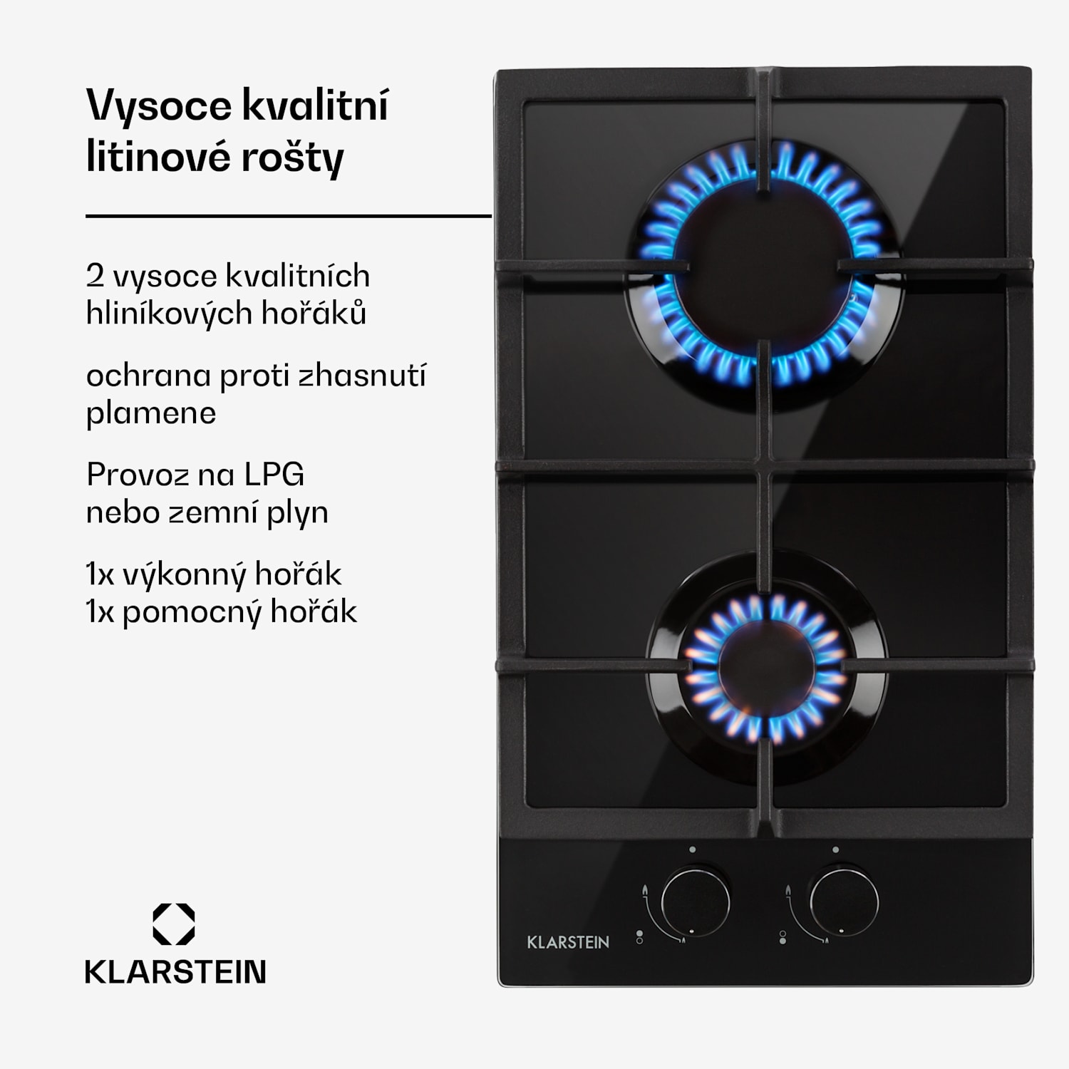 Ignito Domino, plynová varná deska, 2 hořáky Sabaf, sklokeramika, černá 30 cm | Černá