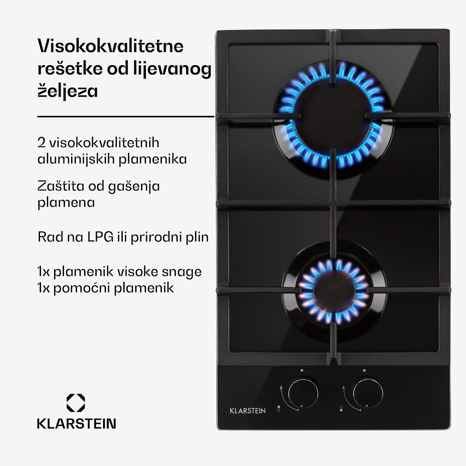 Ignito Domino, plinska ploča za kuhanje, 2 plamenika, sabaf plamenici, staklokeramika, crna 30 cm | Crna