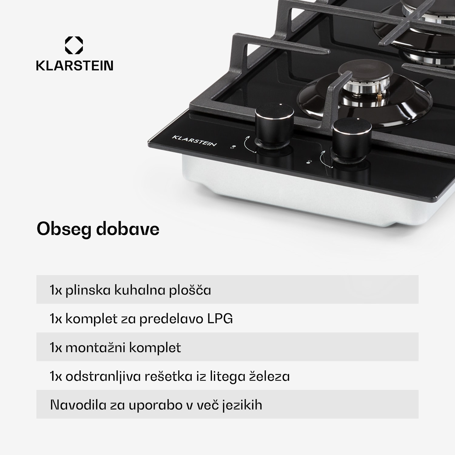 Ignito Domino, plinska kuhalna plošča, 2 gorilnika, SABAF gorilniki, steklokeramika, črna 30 cm | Črna