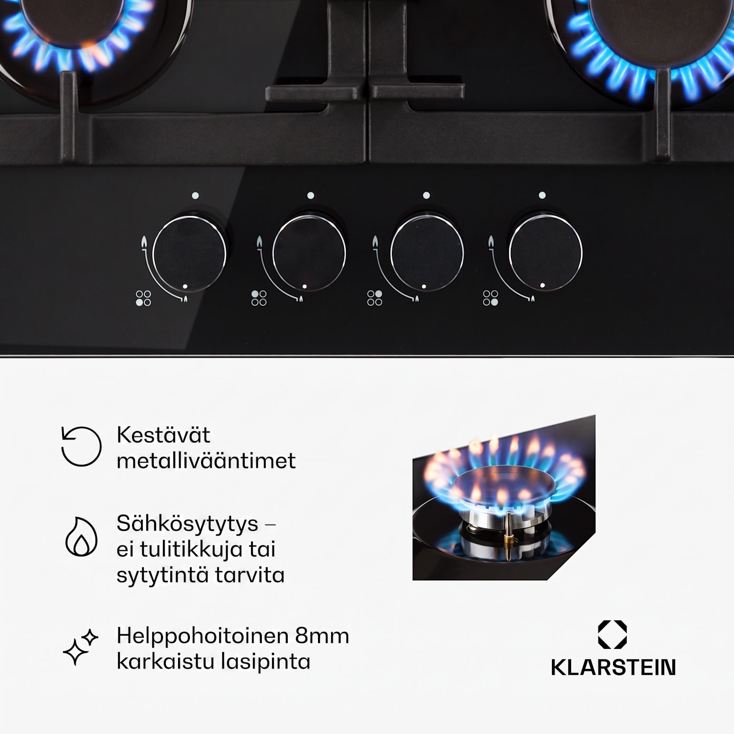 Ignito 4-alueinen kaasuliesi 4-polttimolla Sabaf-polttimet musta lasikeramiikka 60 cm | Musta