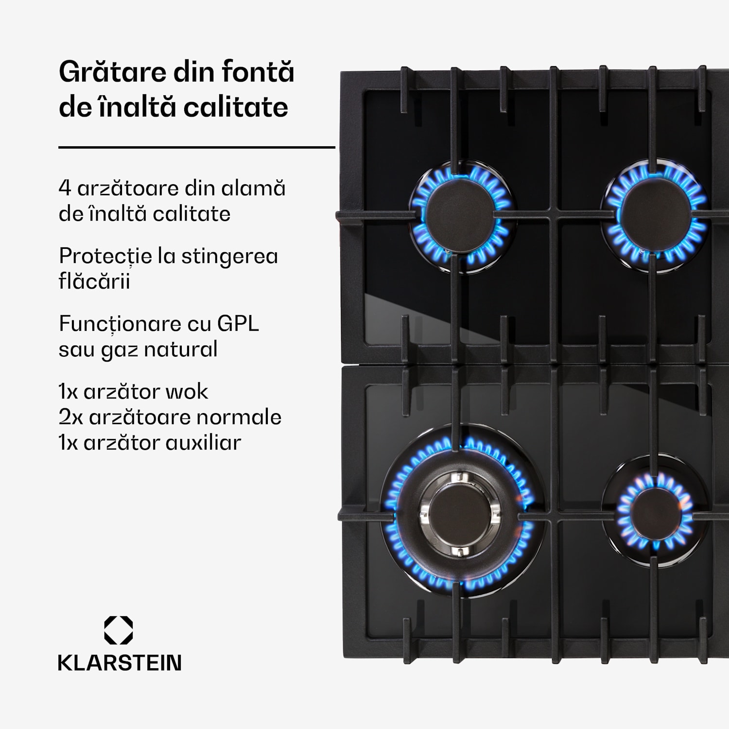 Ignito, plită pe gaz, 4 arzătoare, arzător Sabaf, sticlă ceramică, negru 