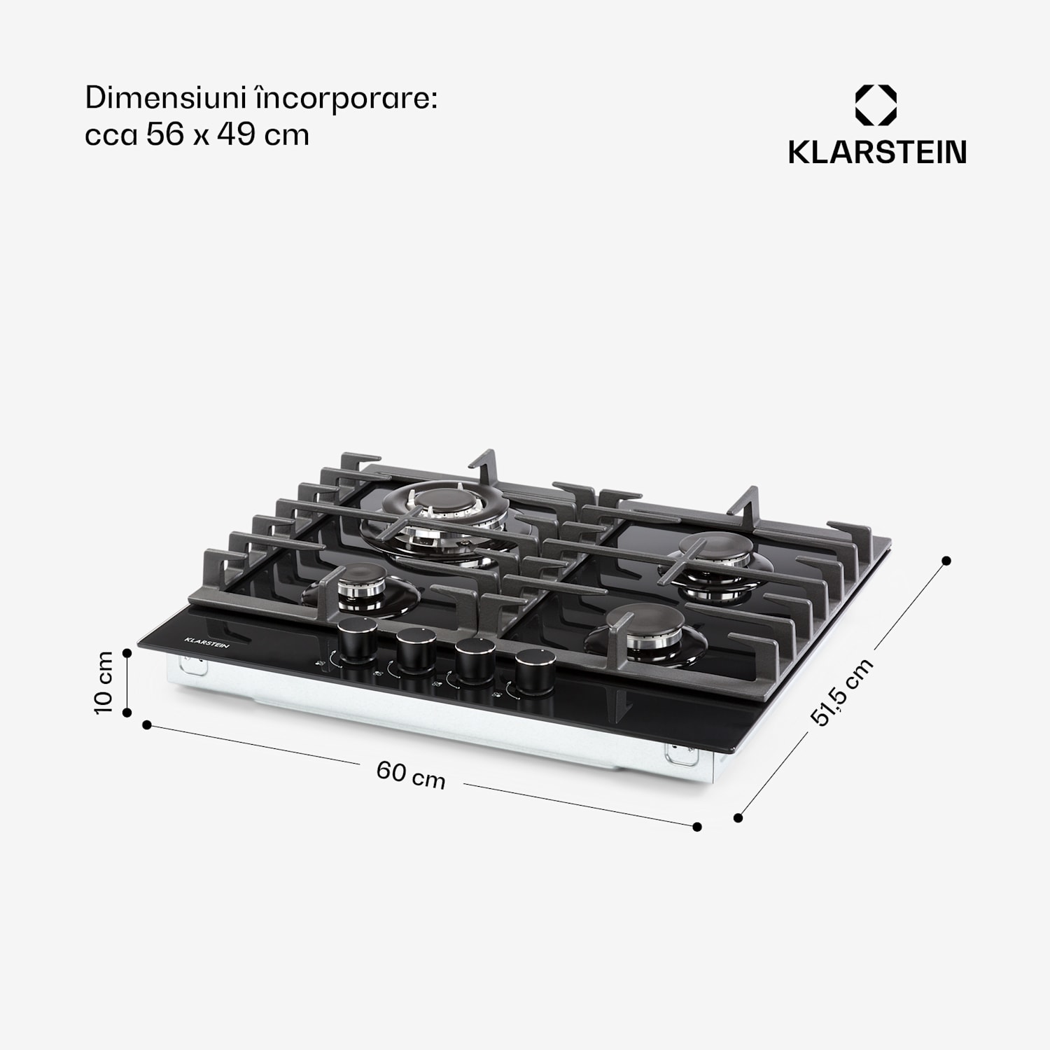 Ignito, plită pe gaz, 4 arzătoare, arzător Sabaf, sticlă ceramică, negru 