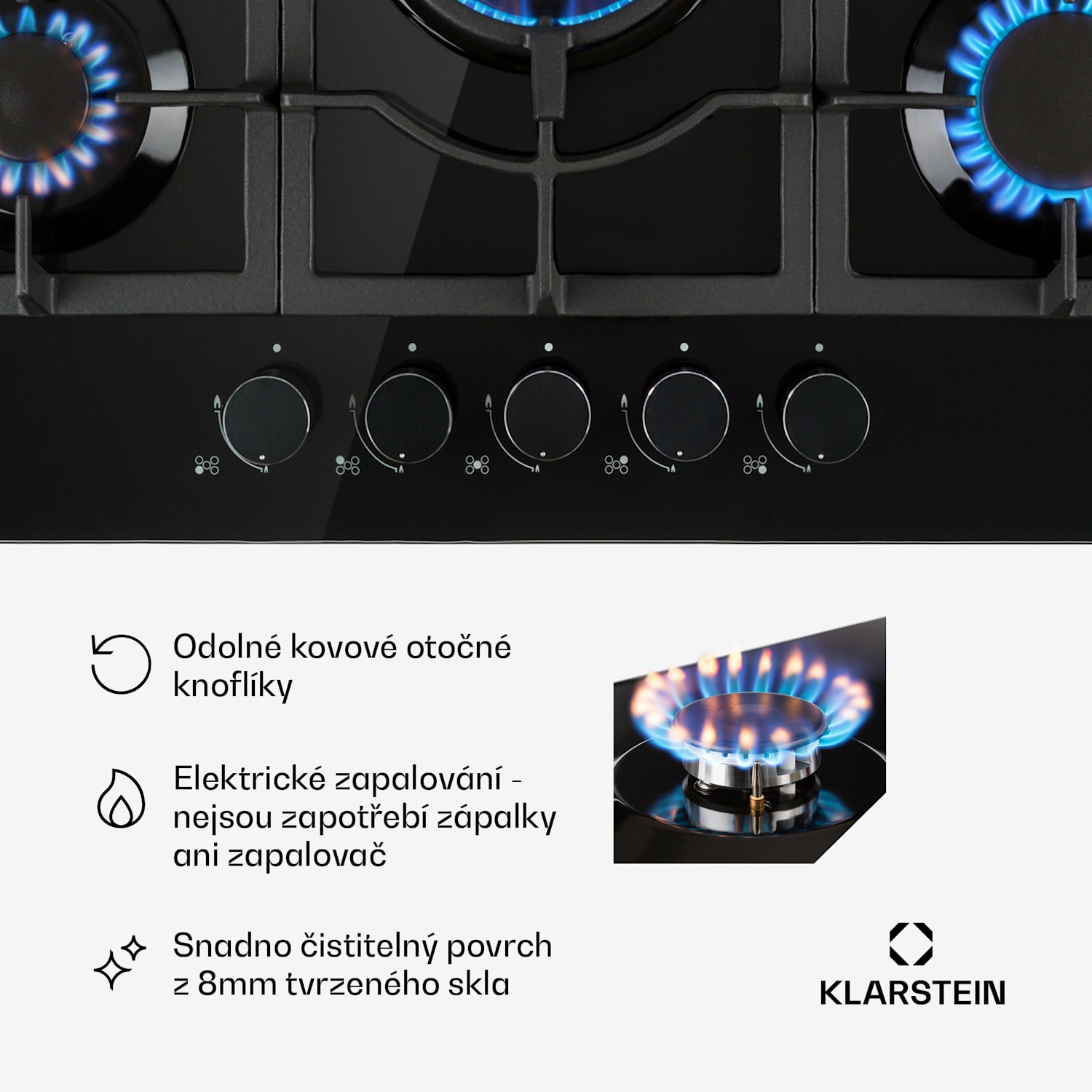 Ignito 5, plynová varná deska, 5 hořáků Sabaf, sklokeramika, černá 75cm | Černá