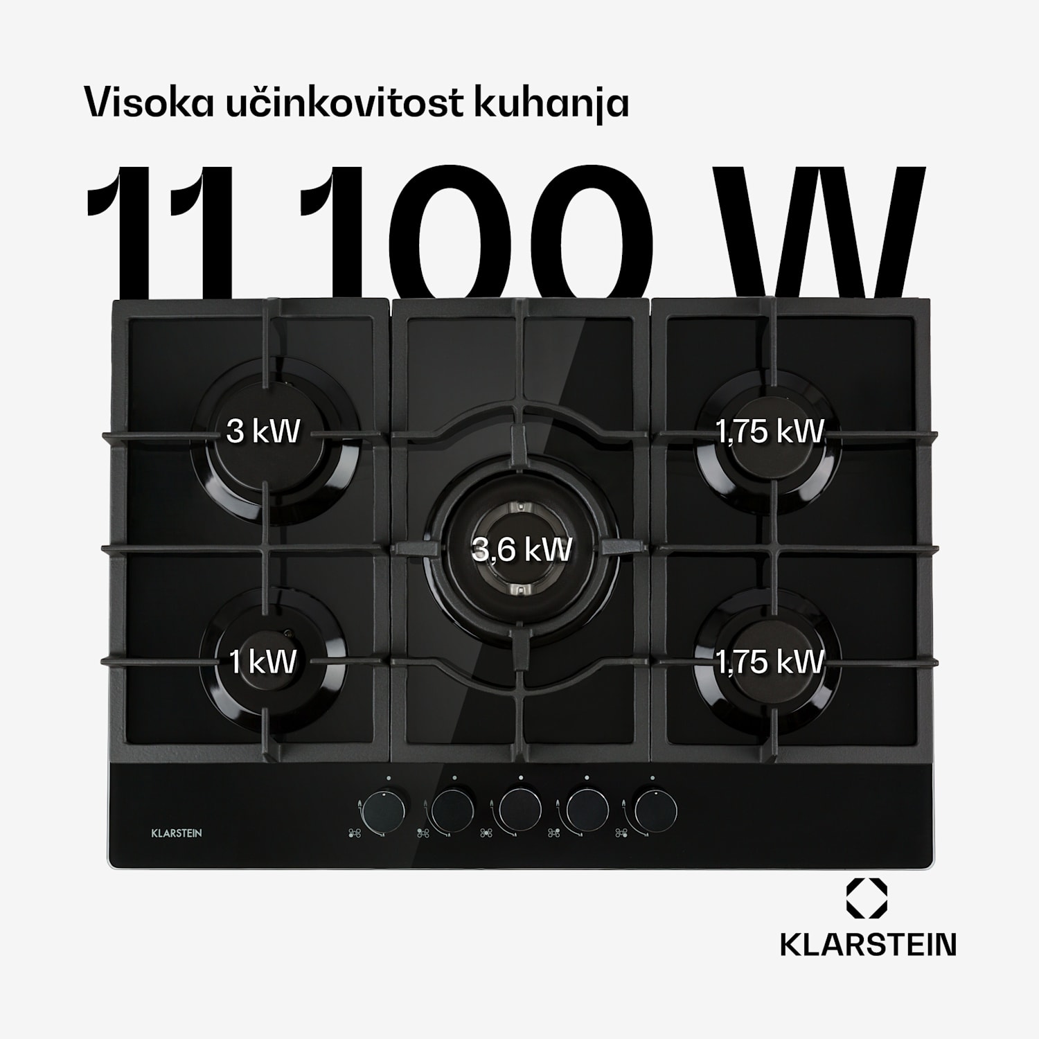 Ignito 5, plinska ploča za kuhanje, 5 plamenika, sabaf plamenici, staklokeramika, crna 75 cm | Crna