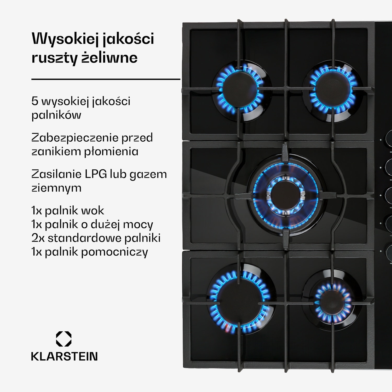 Ignito 5, płyta gazowa, 5 palników Sabaf, szkło ceramiczne, czarna 75 cm | Czarny