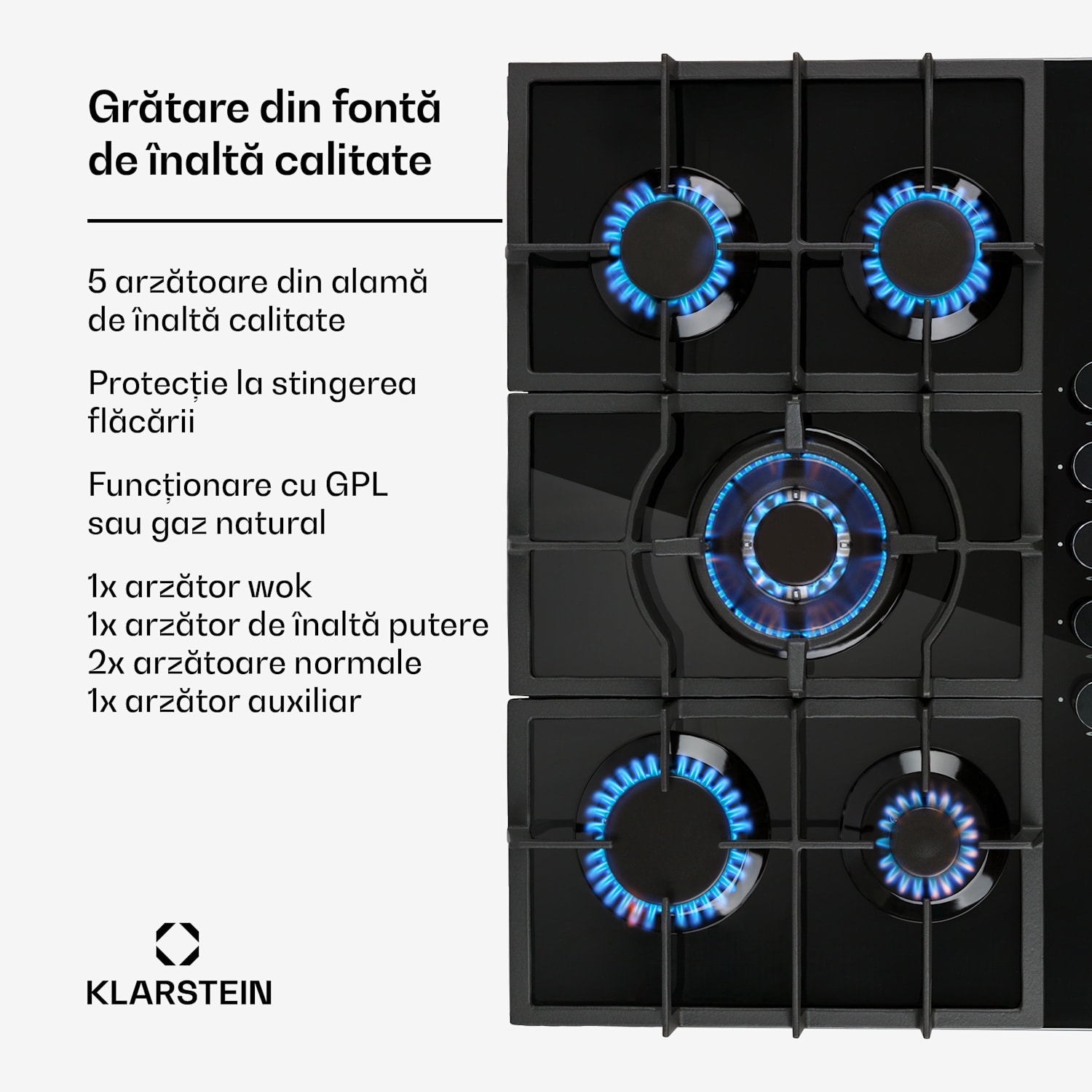 Ignito, plită pe gaz, 5 arzătoare, arzător Sabaf, sticlă ceramică, negru 75 cm | Negru