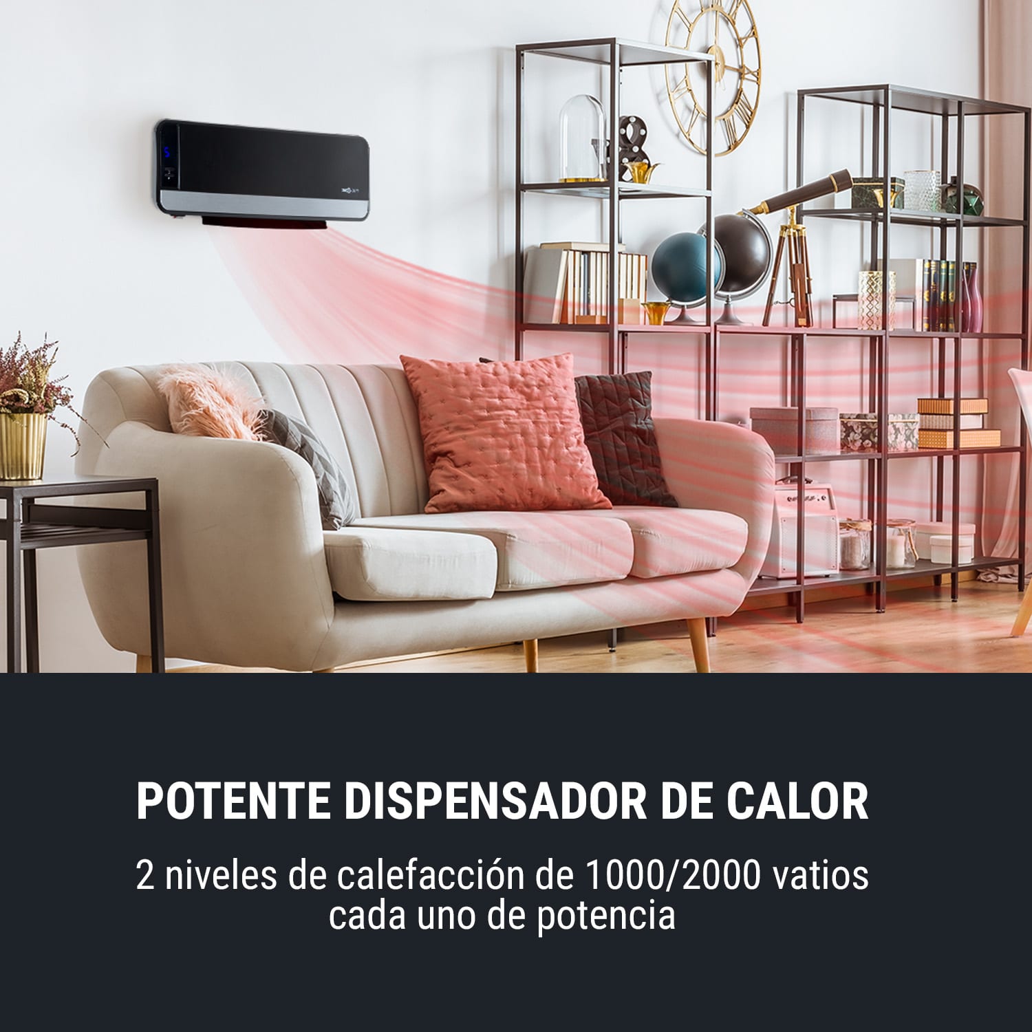 Wallkyrie Calefactor de torre 1000/2000W Temporizador 8h Termostato Negro 