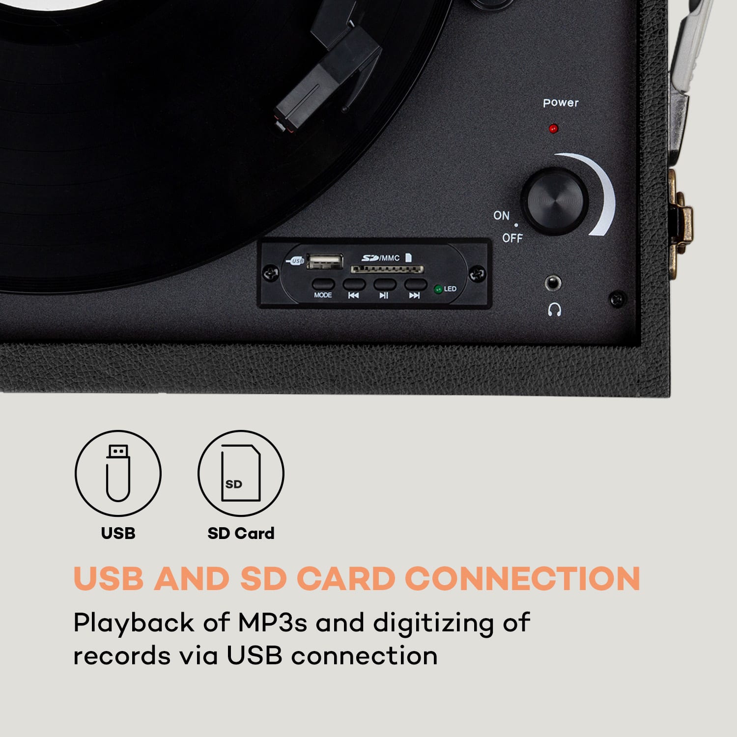 Sarah Ann, gramofon, bluetooth, USB, 33, 45 a 78 ot./min., černý/krémový