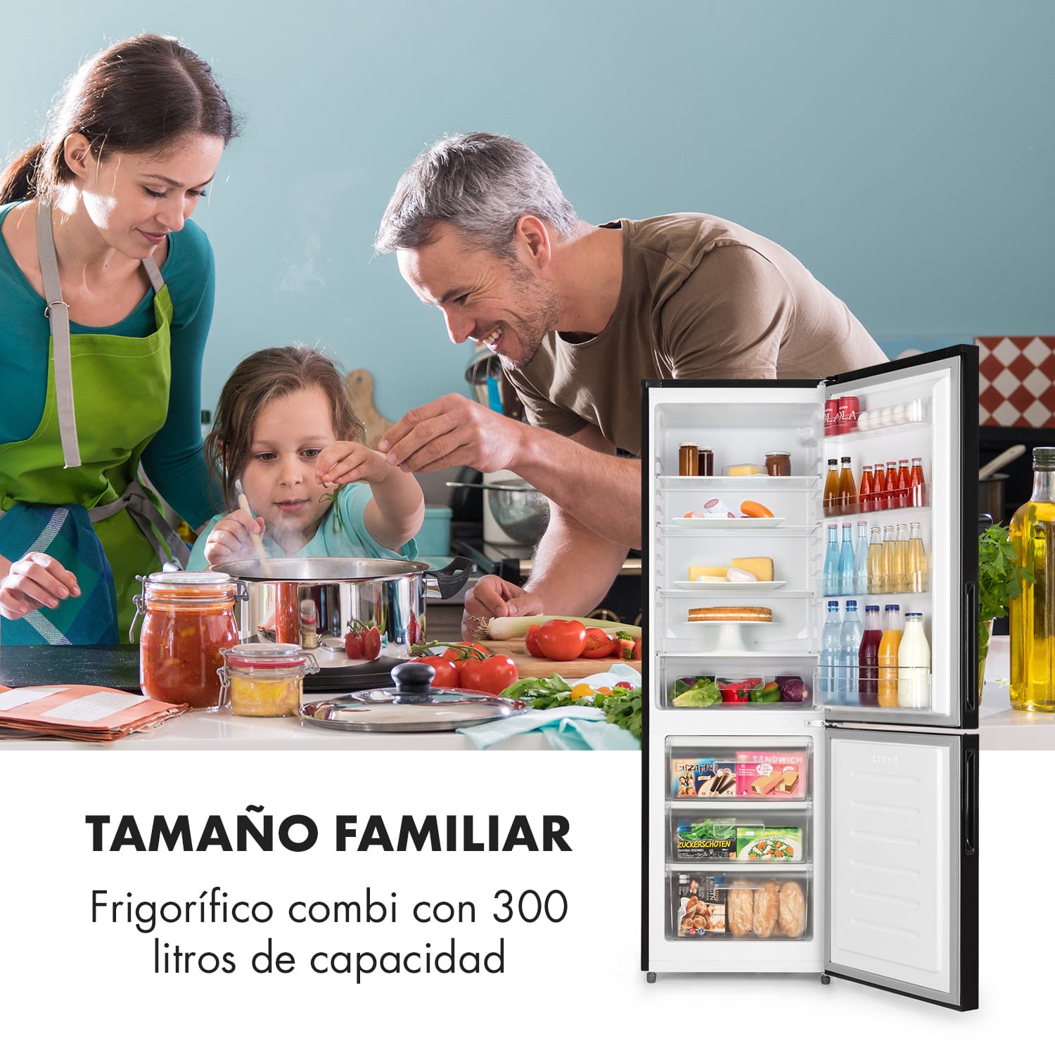 Klarstein Luminance Frost Frigorífico combi 300L A+ 4 estantes de cristal Cajón de verdura Crisper Negro 