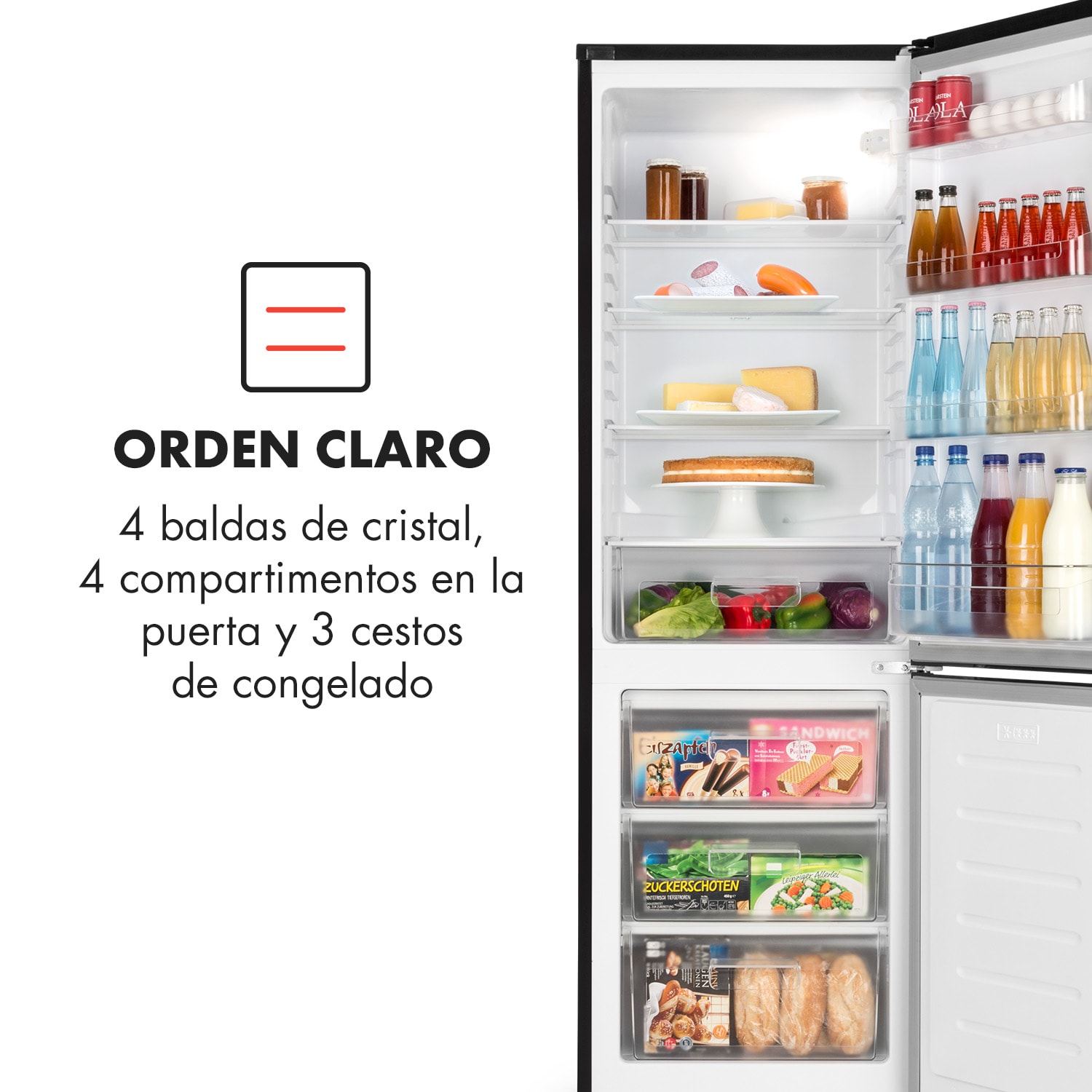 Klarstein Luminance Frost Frigorífico combi 300L A+ 4 estantes de cristal Cajón de verdura Crisper Negro 