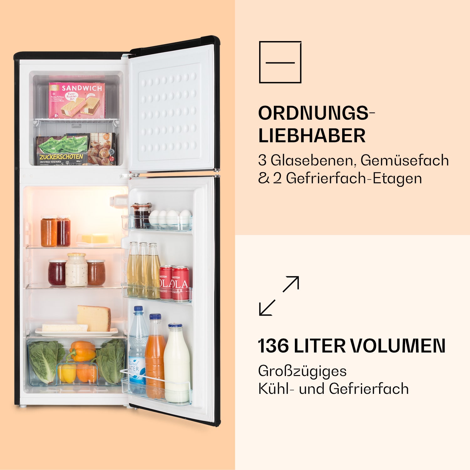Audrey Kühl- & Gefrierkombination 97l/39l Retro-Look 2 Böden Schwarz