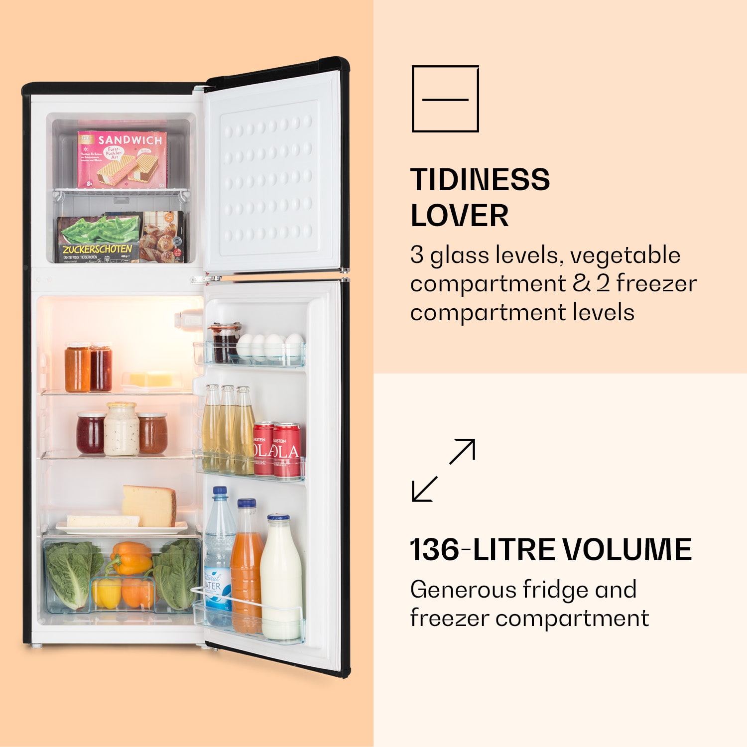 Audrey koelvriescombinatie 97 liter/ 39 liter retro look 2 schappen Zwart