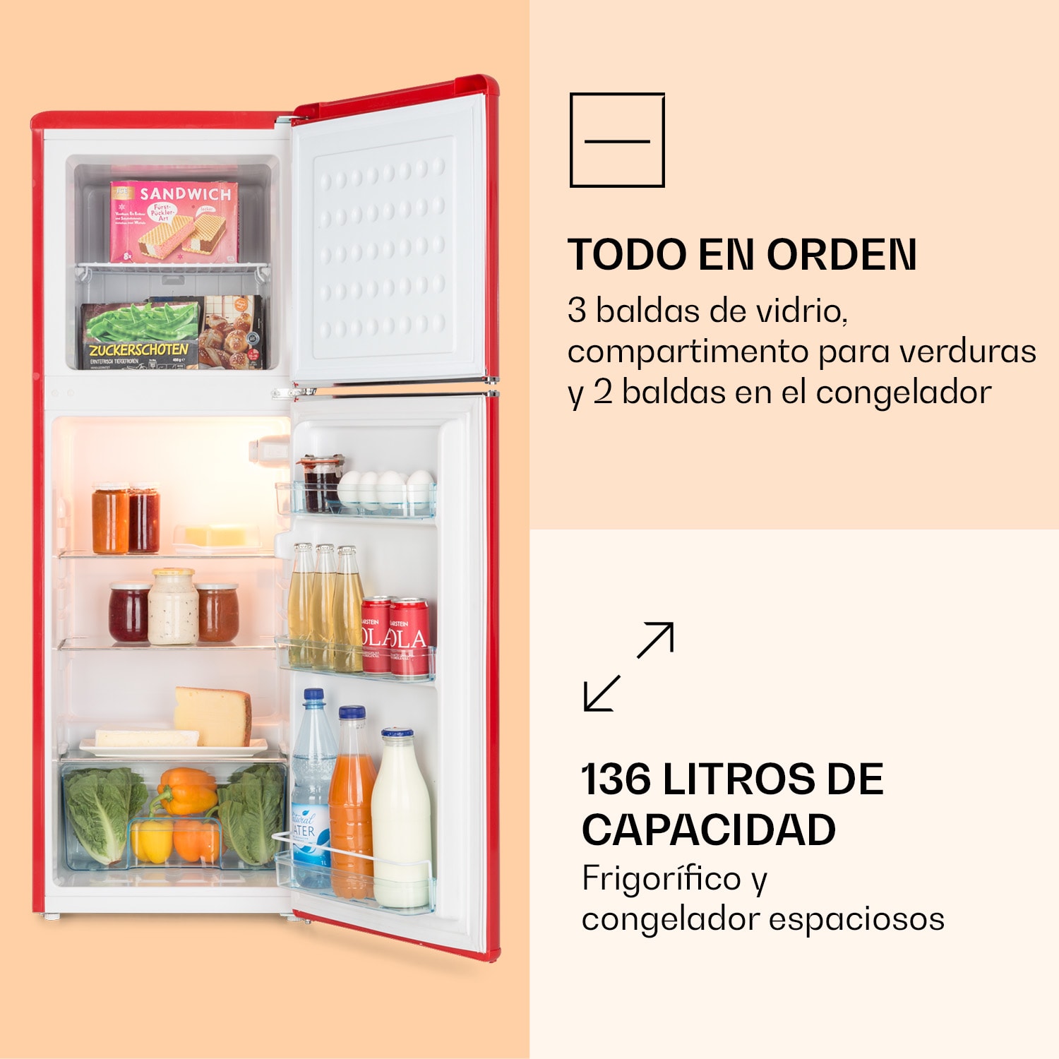 Combi de frigorífico y congelador Audrey 97l/39l Look retro 2 estantes Rojo