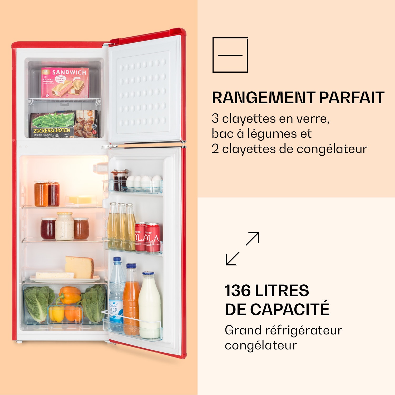 Combiné réfrigérateur-congélateur Audrey 97l/39l look rétro 2 clayettes Rouge