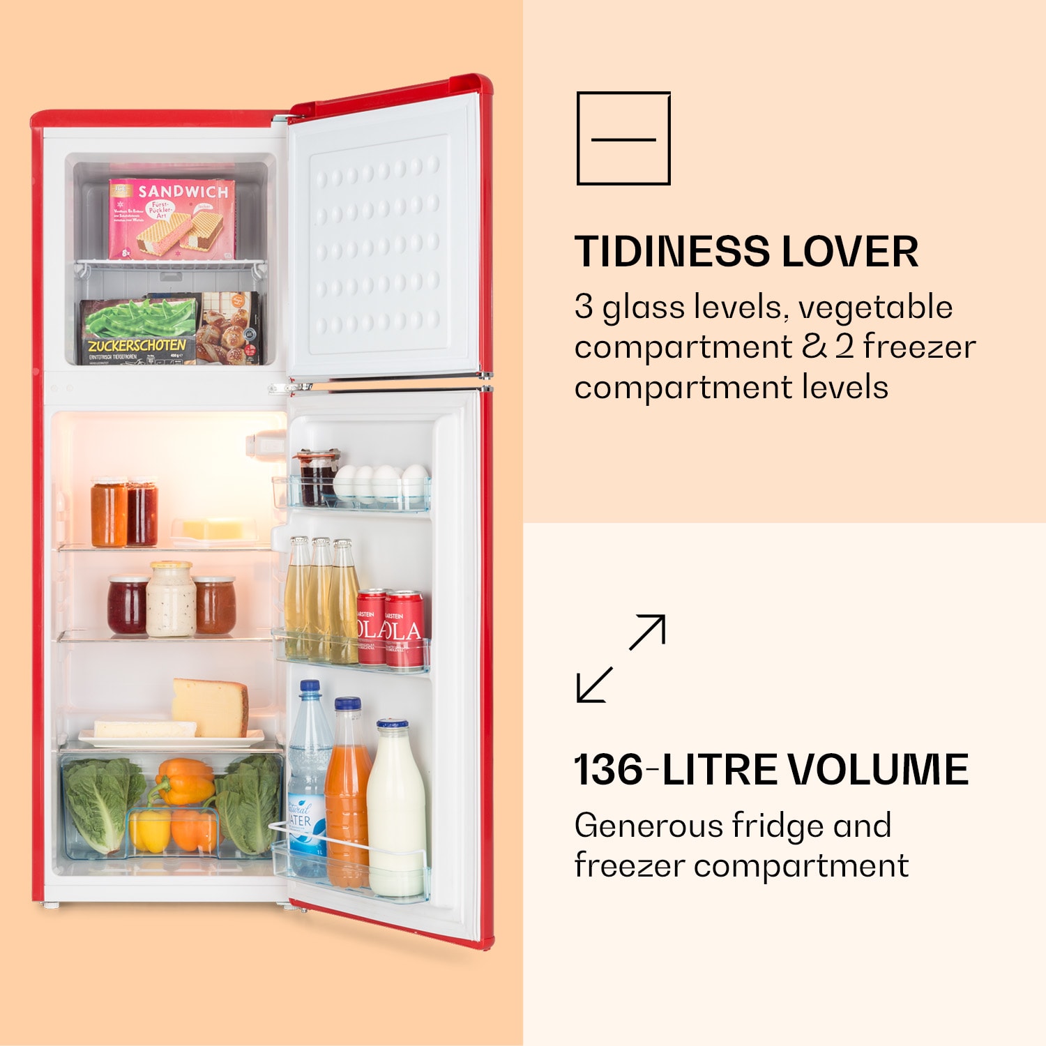 Audrey koelvriescombinatie 97 liter/ 39 liter retro look 2 schappen Rood