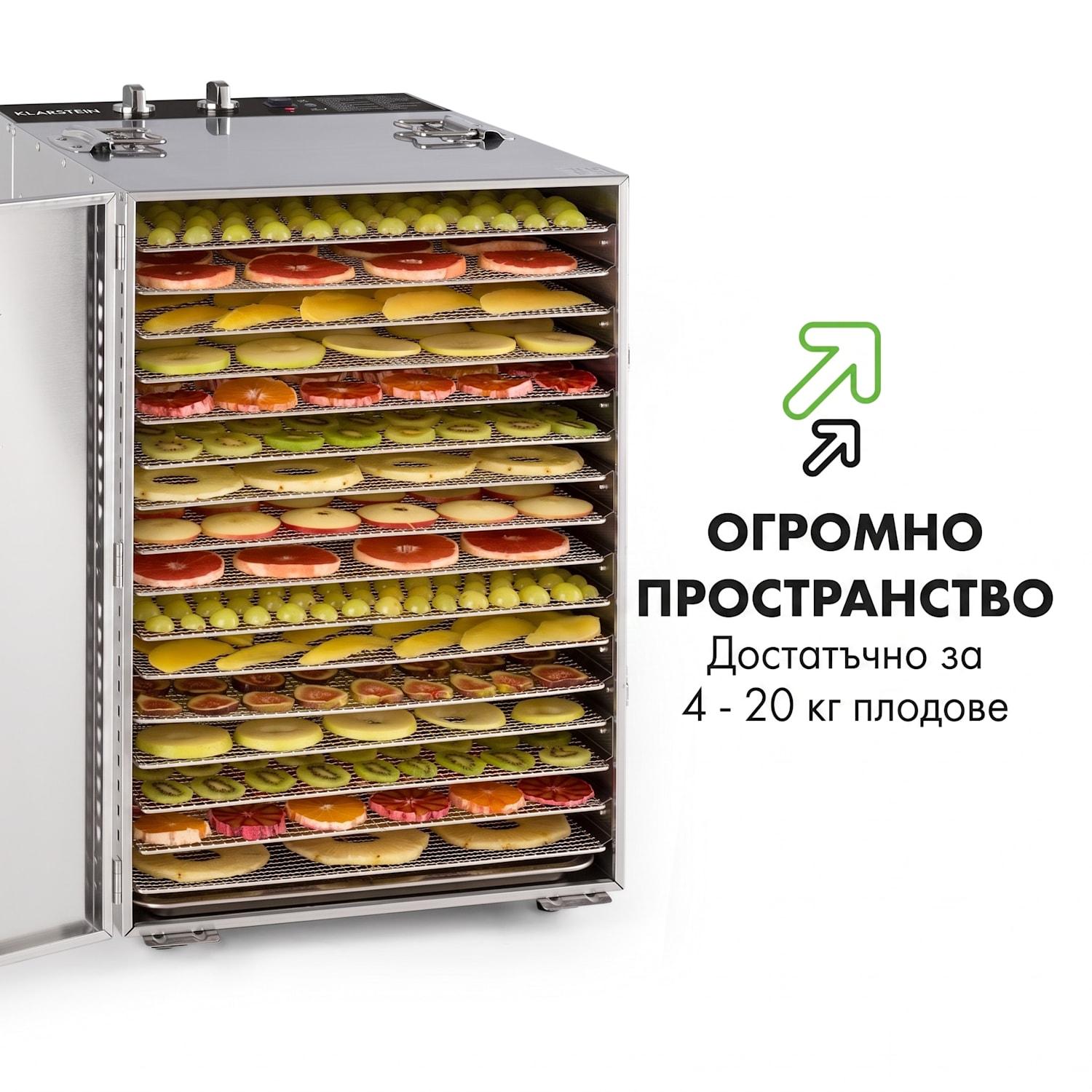 Master Jerky 16, сушилня за плодове и зеленчуци, 1500 W, 40 - 90 °C, 15-hod. таймер, неръждаема стомана, сребърна 16 нива