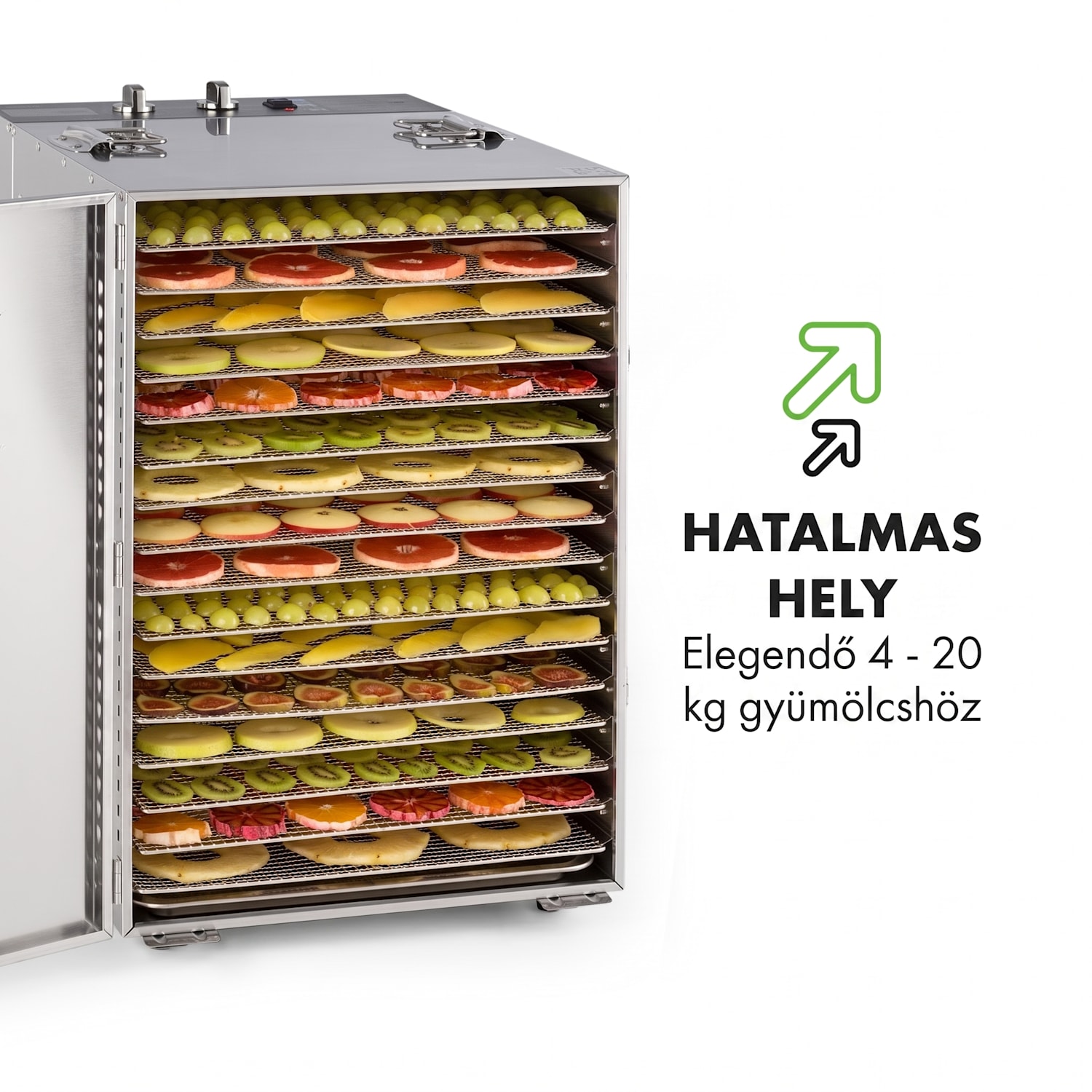 Master Jerky 16, aszalógép, 1500 W, 40 - 90 °C, 15 órás időzítő, rozsdamentes acél, ezüst 16 tálca
