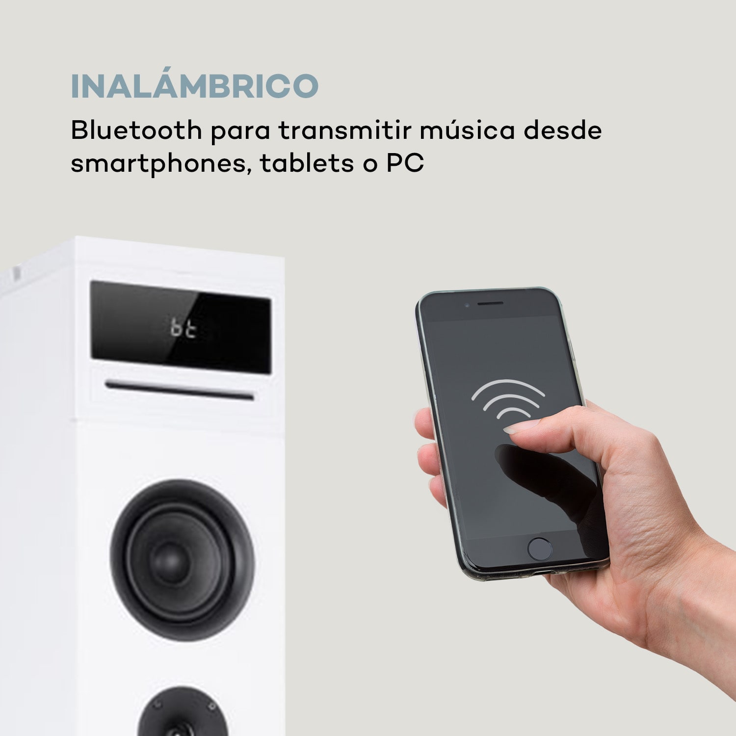 Karaboom 100 Sing Torre de karaoke 120W max. Reproductor de CD 2 micrófonos inalámbricos Blanco